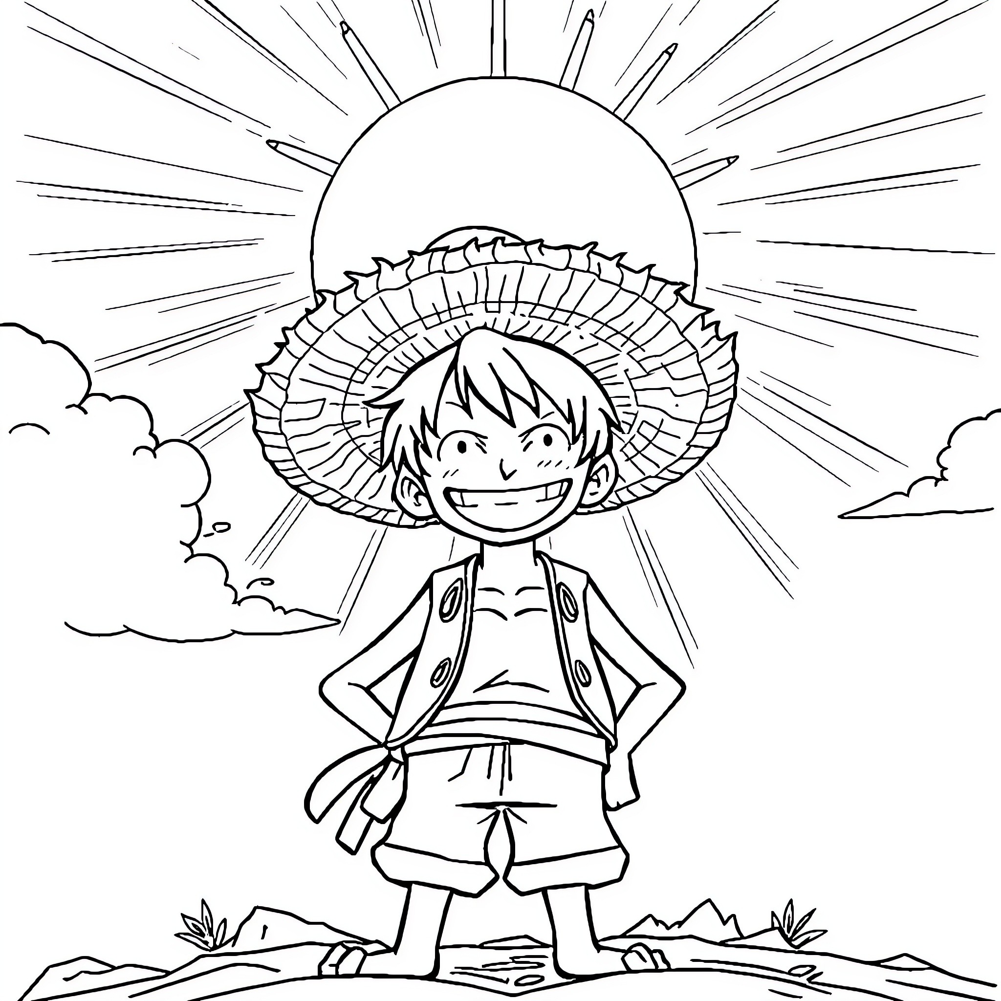 Luffy's Sunny Adventure Coloring Page (free black-and-white line drawing printable PDF for all, from beginners to advanced learners, including children, teens, adults, and seniors)