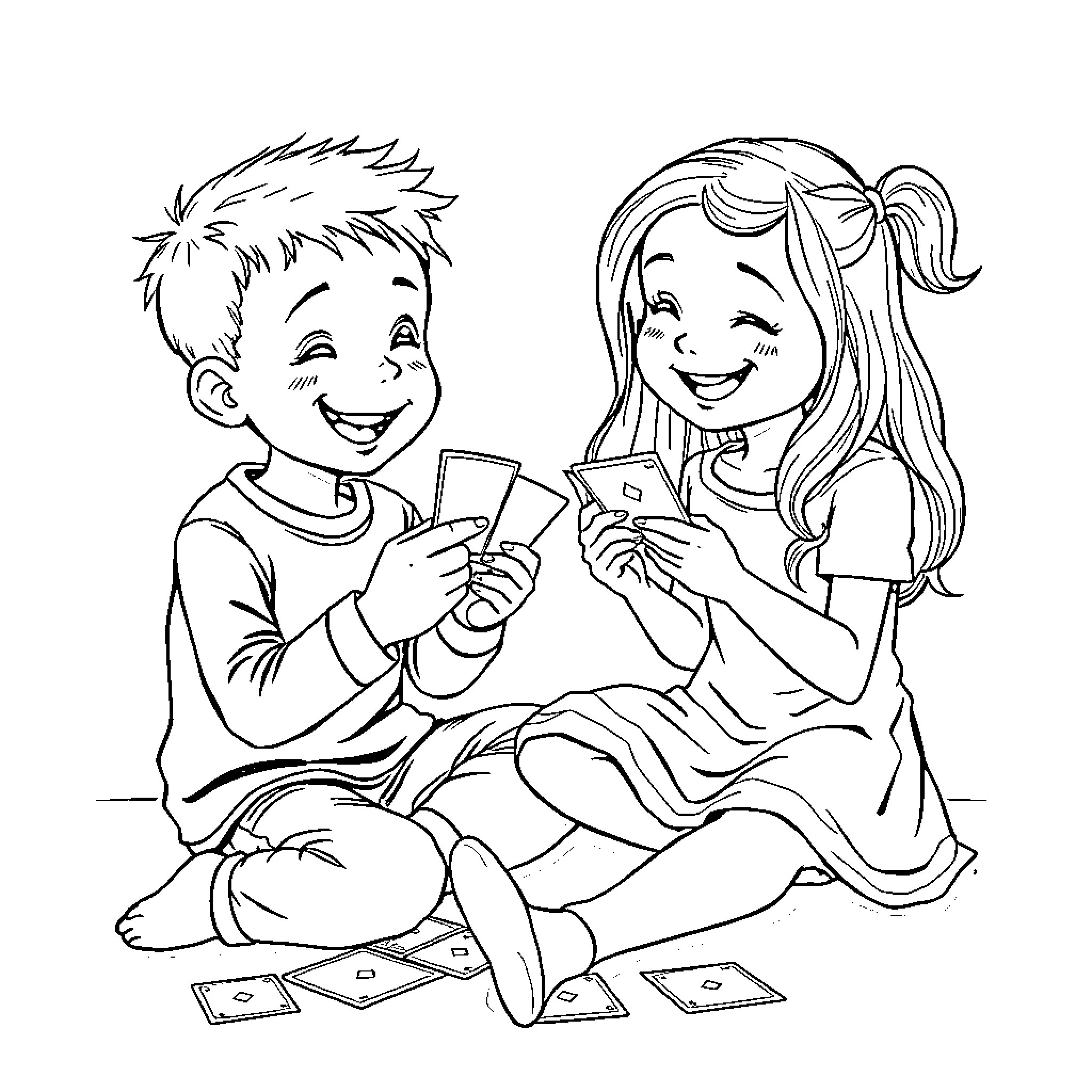 Boy and Girl Playing with Smartphones Coloring Page (free black-and-white line drawing printable PDF for all, from beginners to advanced learners, including children, teens, adults, and seniors)