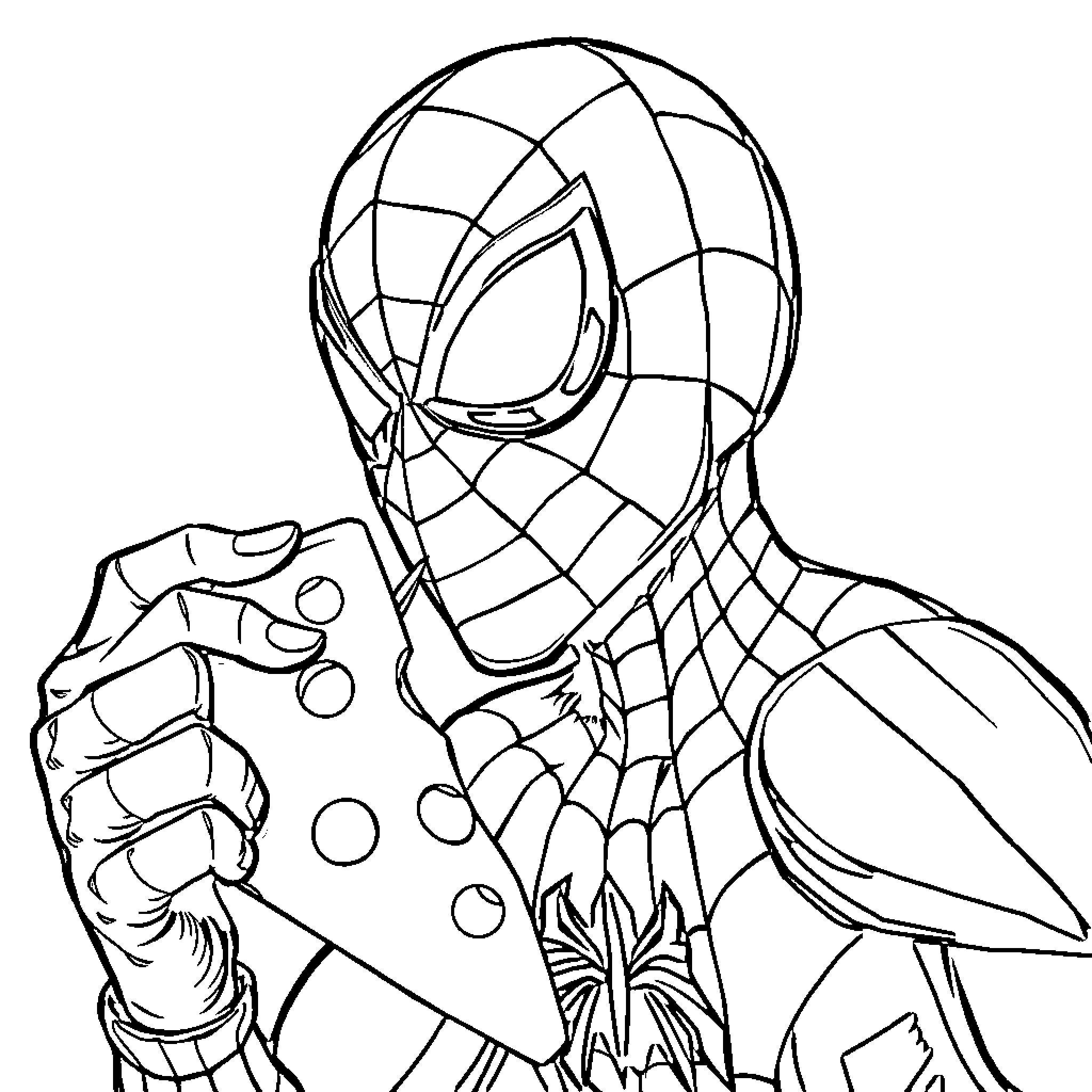Spider-Man heroically poses ready for action Coloring Page (free black-and-white line drawing printable PDF for all, from beginners to advanced learners, including children, teens, adults, and seniors)