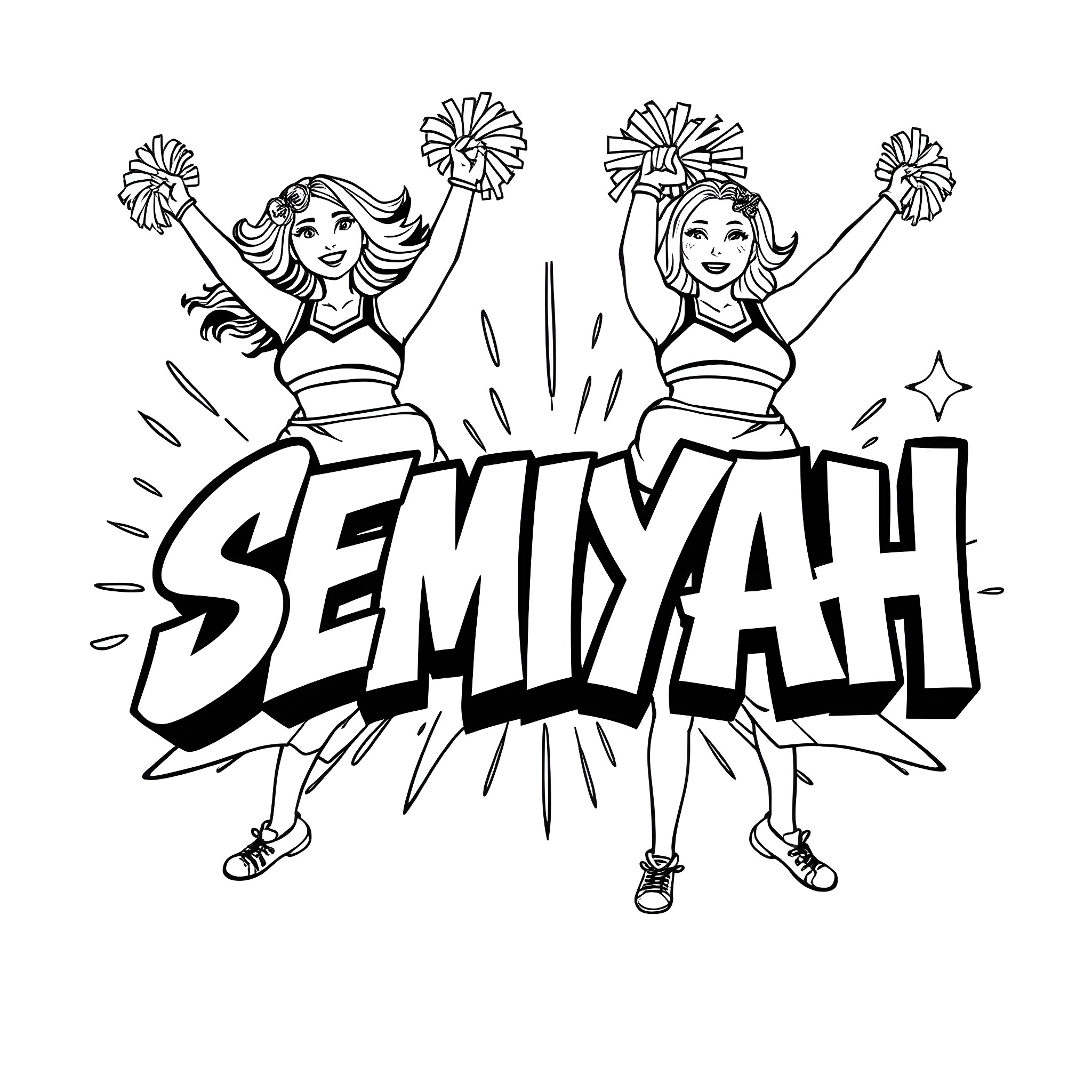 Cheerleaders perform with excitement and energy Coloring Page (free black-and-white line drawing printable PDF for all, from beginners to advanced learners, including children, teens, adults, and seniors)