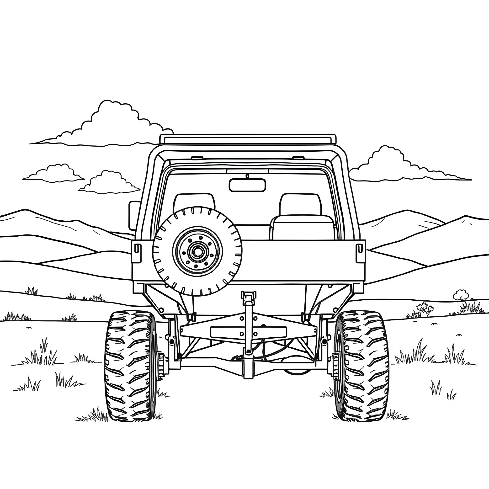 Car Trailer in an Off-Road Adventure Coloring Page (free black-and-white line drawing printable PDF for all, from beginners to advanced learners, including children, teens, adults, and seniors)
