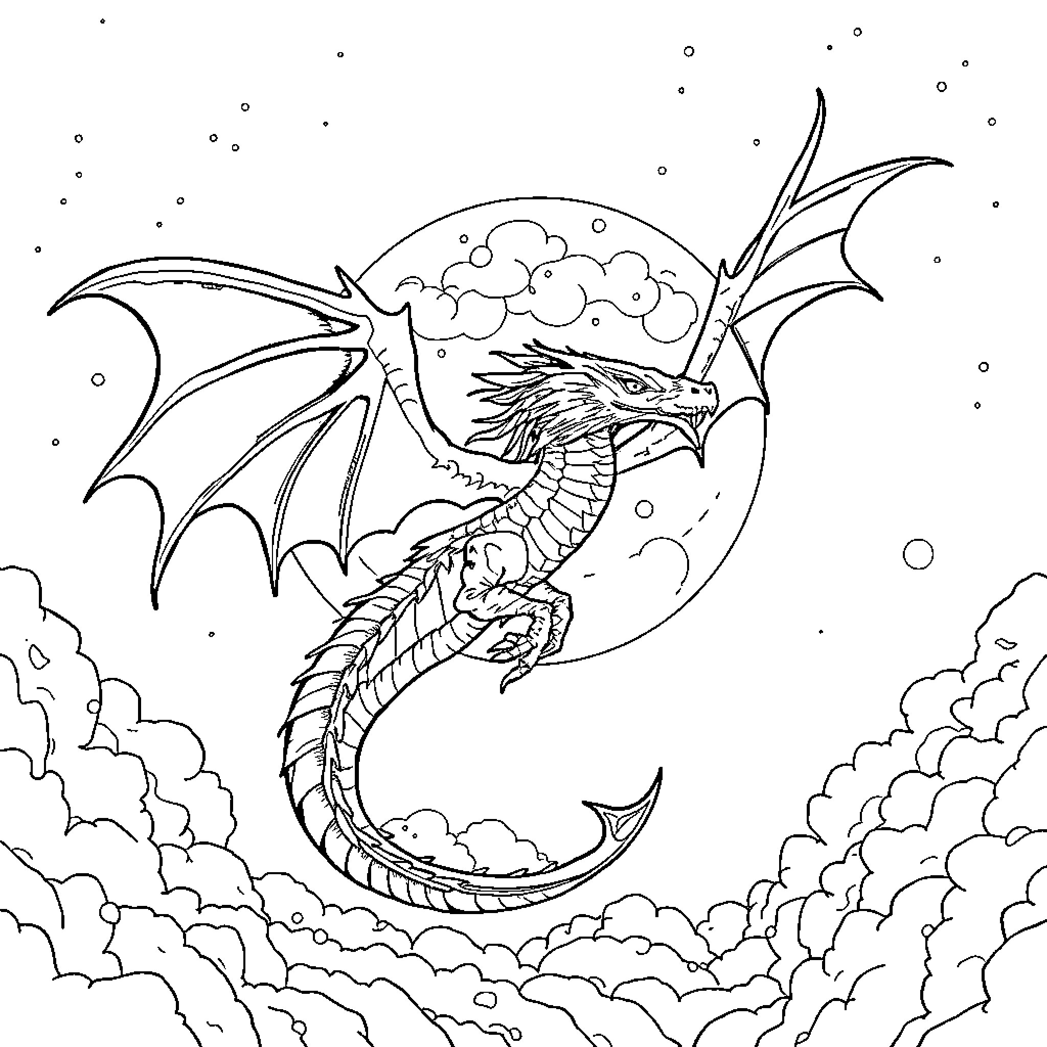 Dragon soaring through the night sky Coloring Page (free black-and-white line drawing printable PDF for all, from beginners to advanced learners, including children, teens, adults, and seniors)