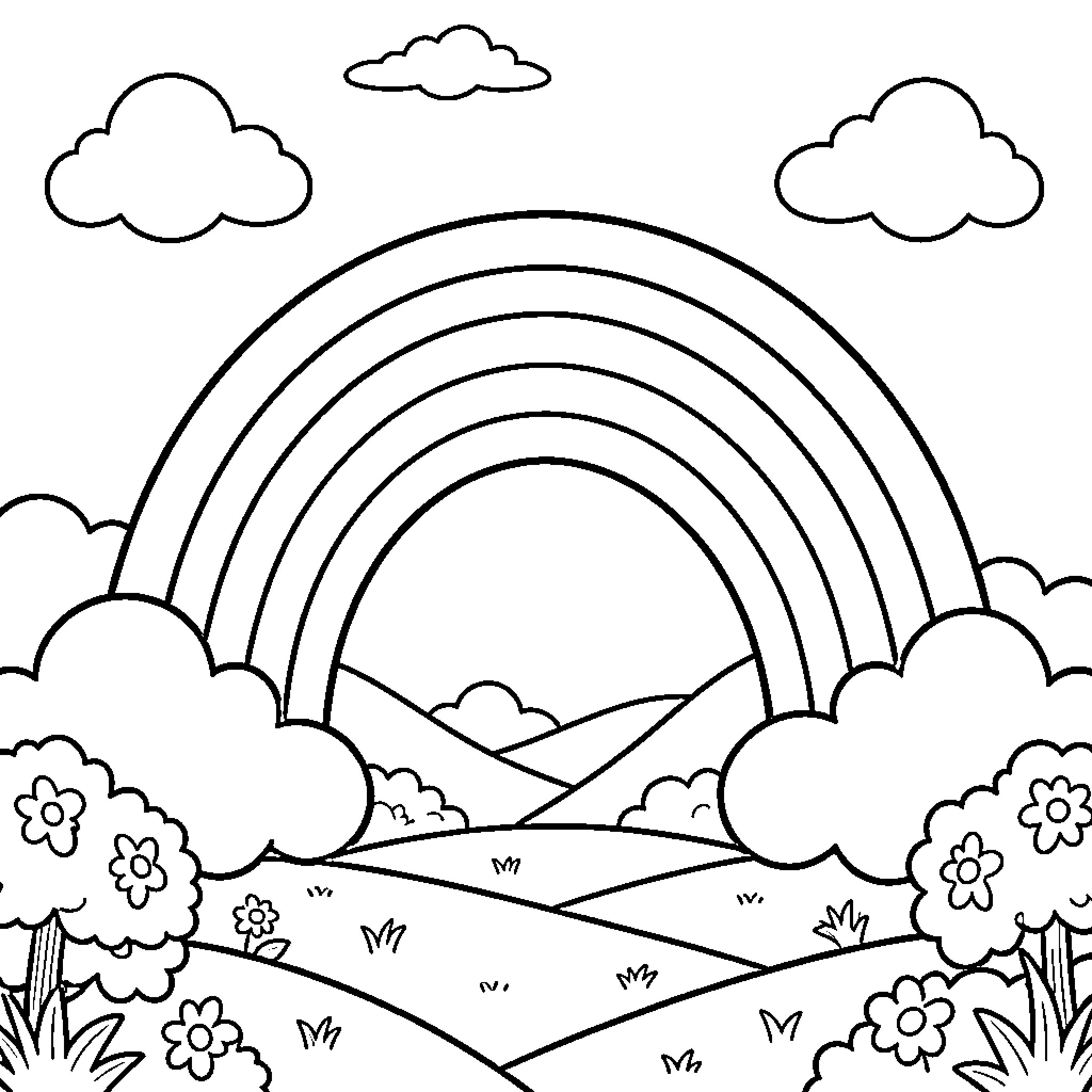 Rainbow arching over a peaceful hilly landscape Coloring Page (free black-and-white line drawing printable PDF for all, from beginners to advanced learners, including children, teens, adults, and seniors)