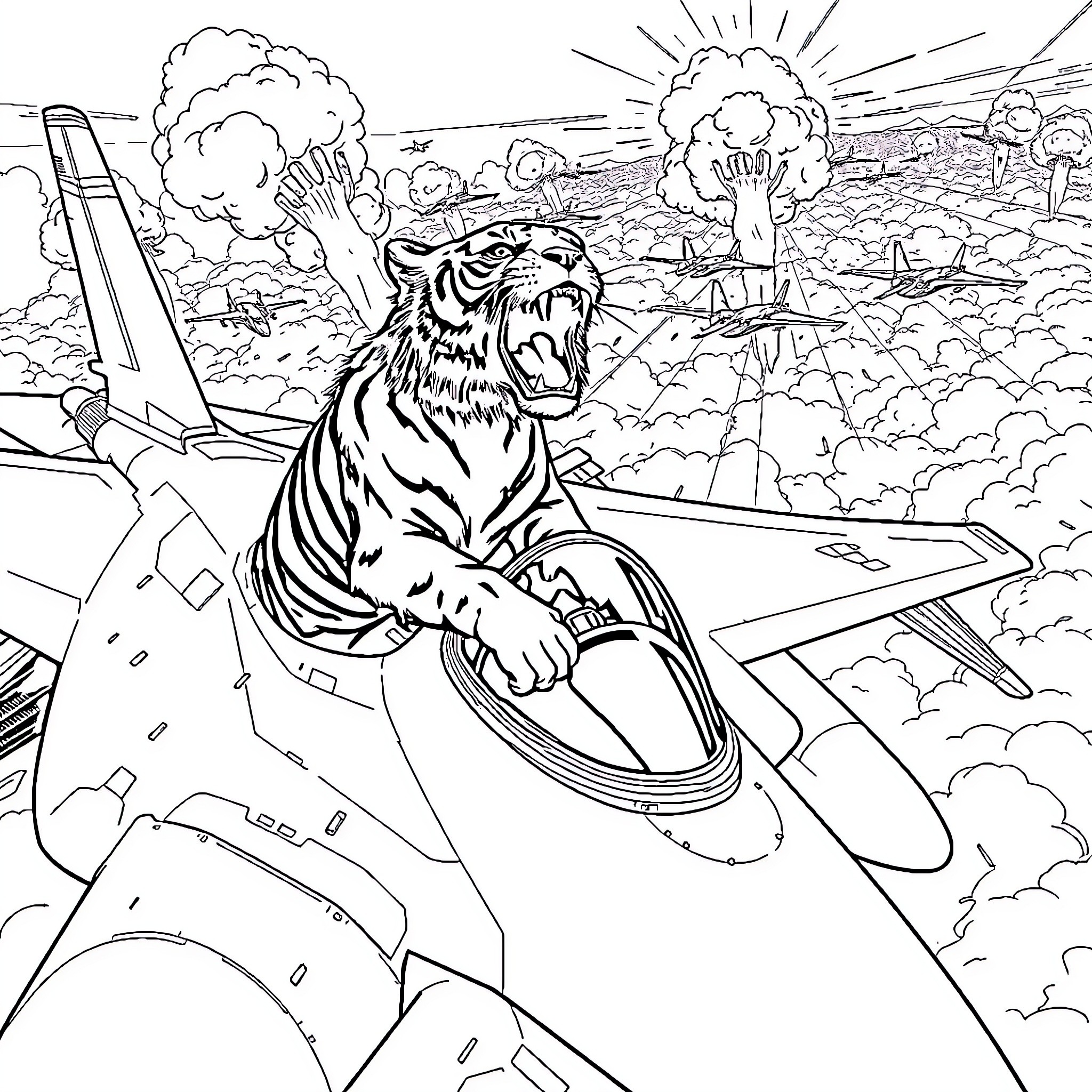 Tiger Soaring Through a Chaotic Aerial Scene Coloring Page (free black-and-white line drawing printable PDF for all, from beginners to advanced learners, including children, teens, adults, and seniors)