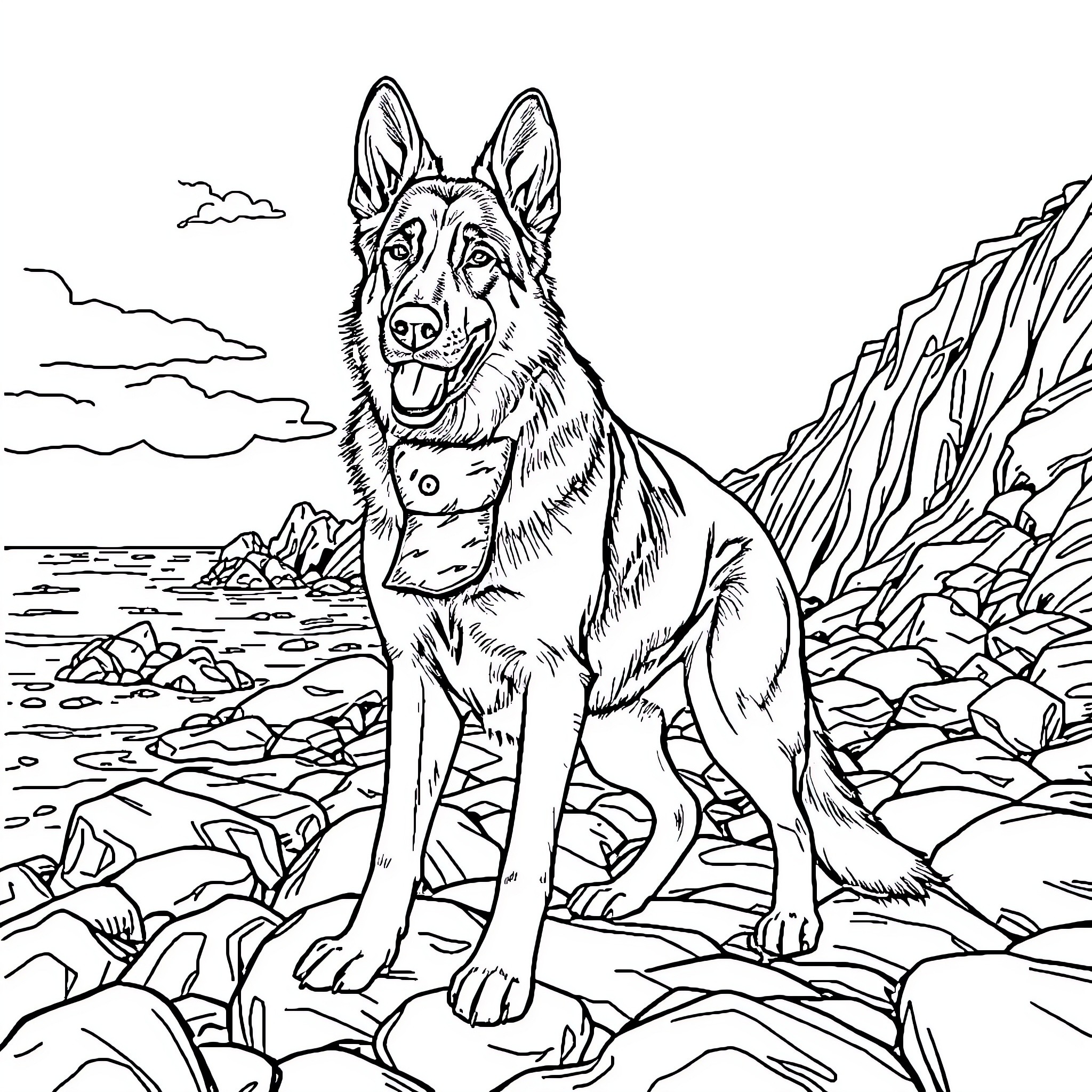 German Shepherd Exploring Rugged Terrain Coloring Page (free black-and-white line drawing printable PDF for all, from beginners to advanced learners, including children, teens, adults, and seniors)