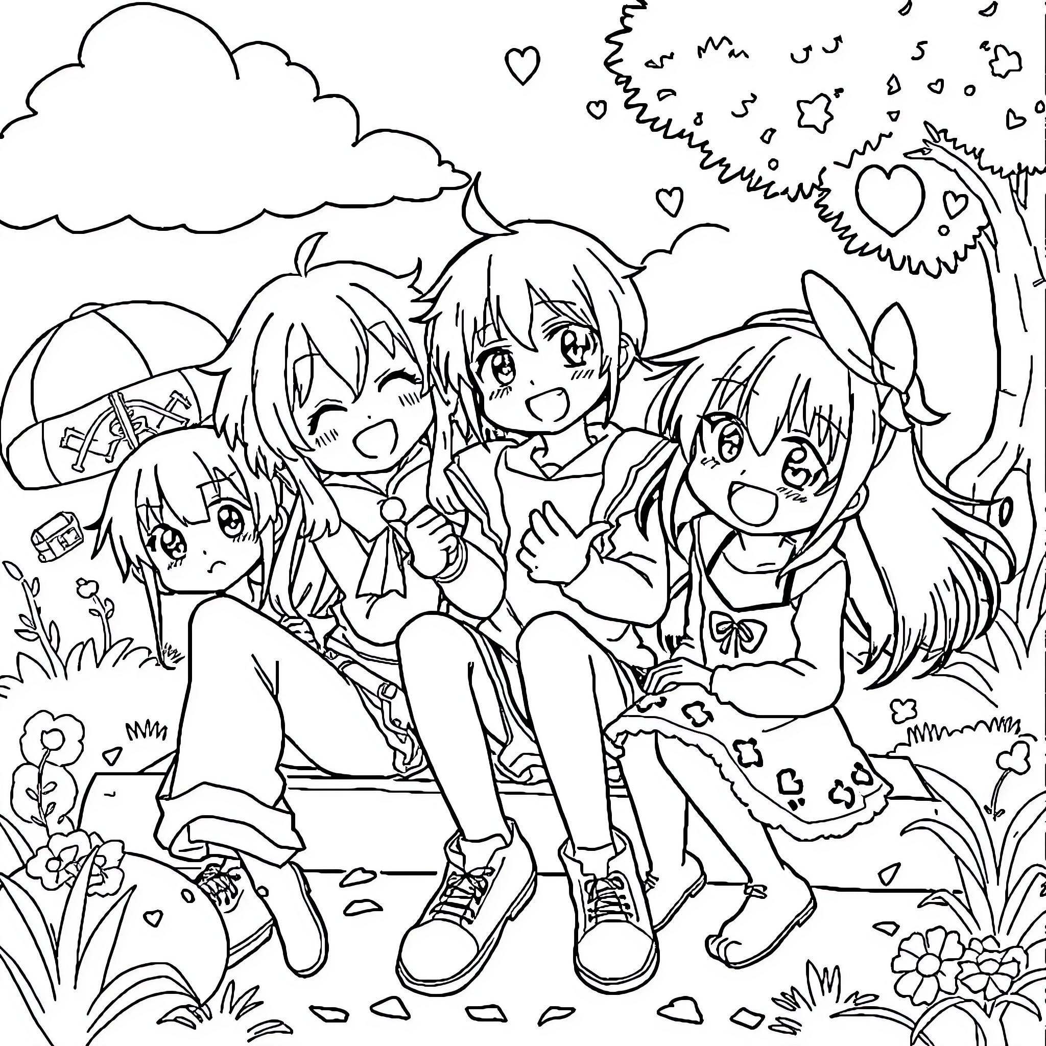 Anime Characters in Friendly Outdoor Scene Coloring Page (free black-and-white line drawing printable PDF for all, from beginners to advanced learners, including children, teens, adults, and seniors)