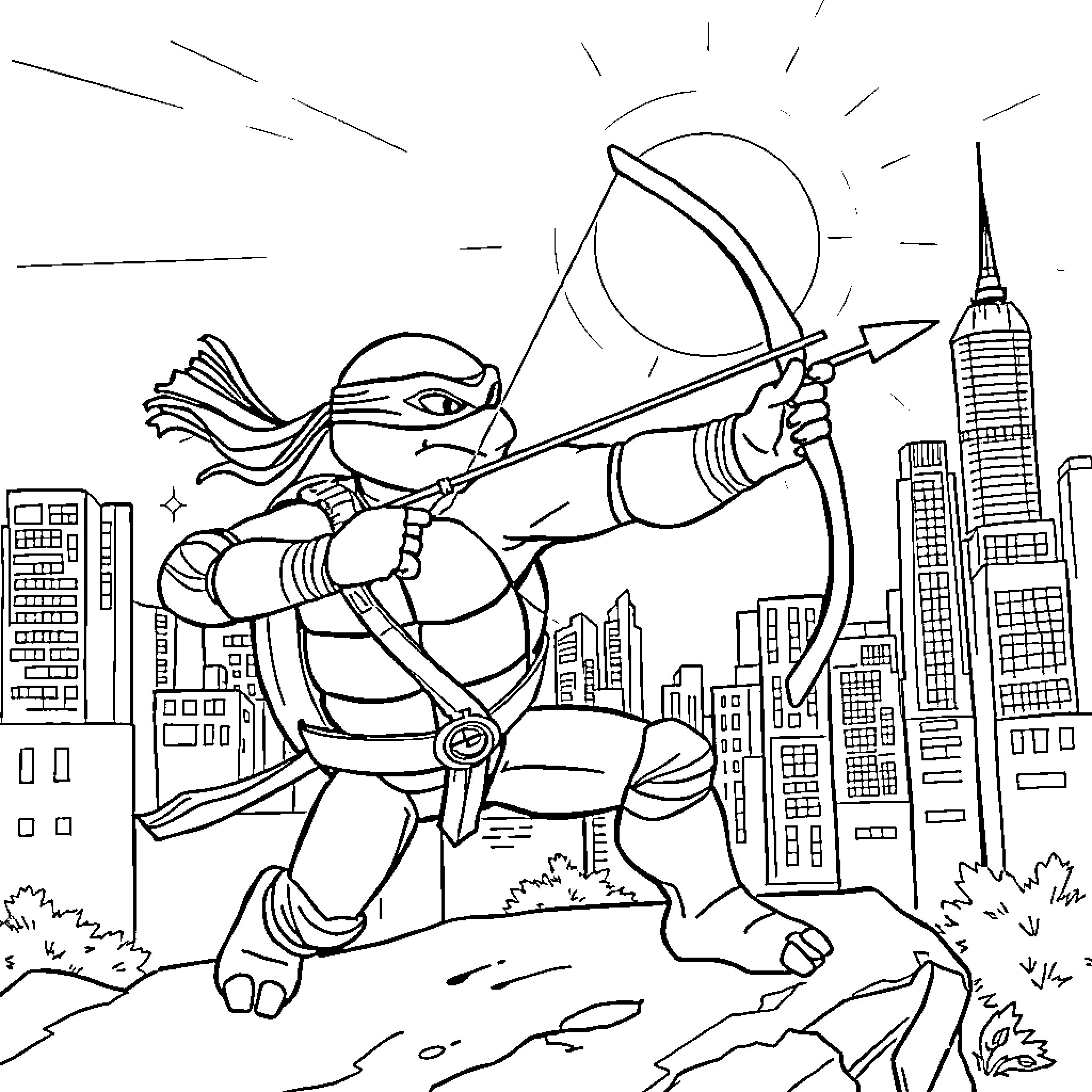 Leonardo's Heroic Ninja Adventure in the City Coloring Page (free black-and-white line drawing printable PDF for all, from beginners to advanced learners, including children, teens, adults, and seniors)
