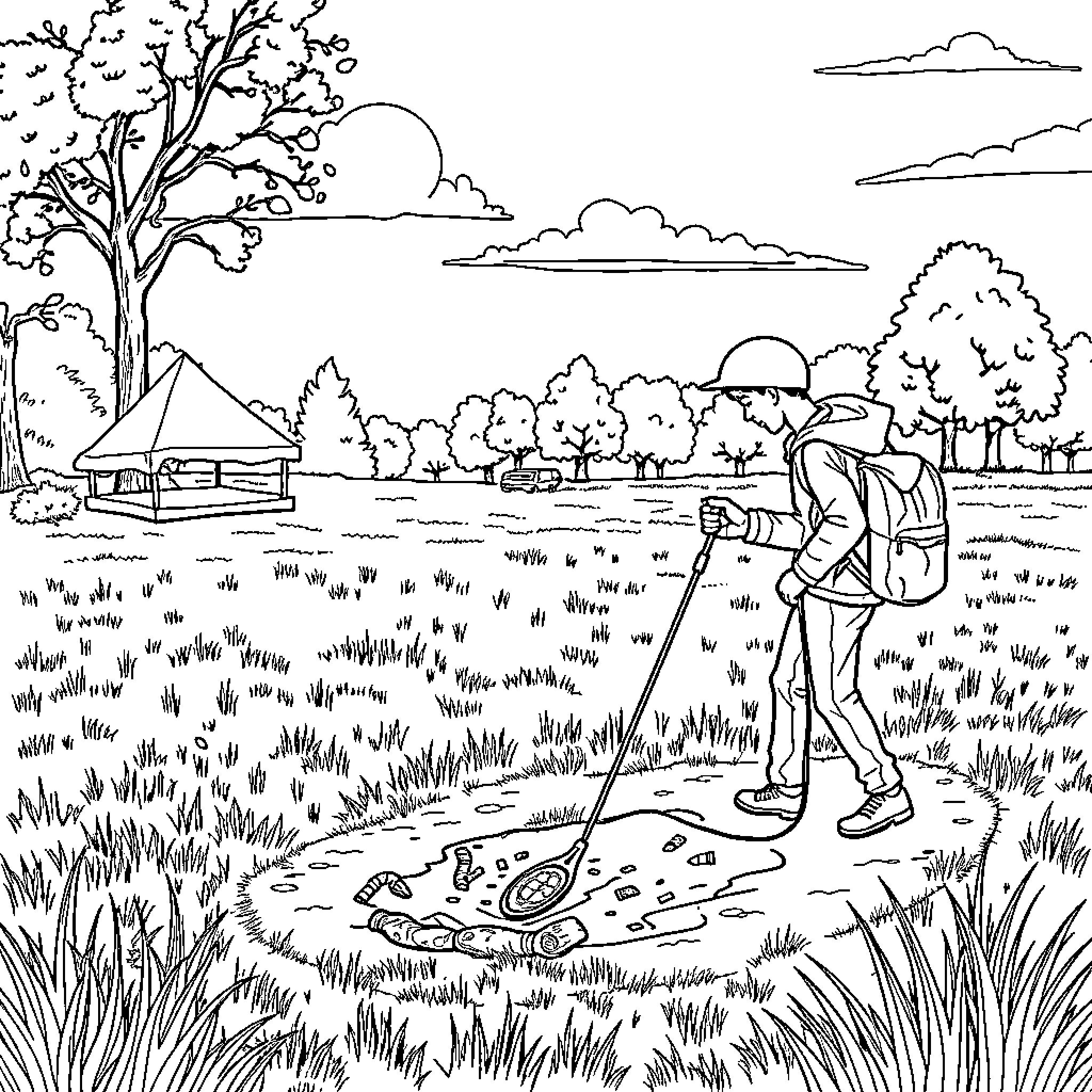 Metal Detector in Scenic Outdoor Landscape Coloring Page (free black-and-white line drawing printable PDF for all, from beginners to advanced learners, including children, teens, adults, and seniors)