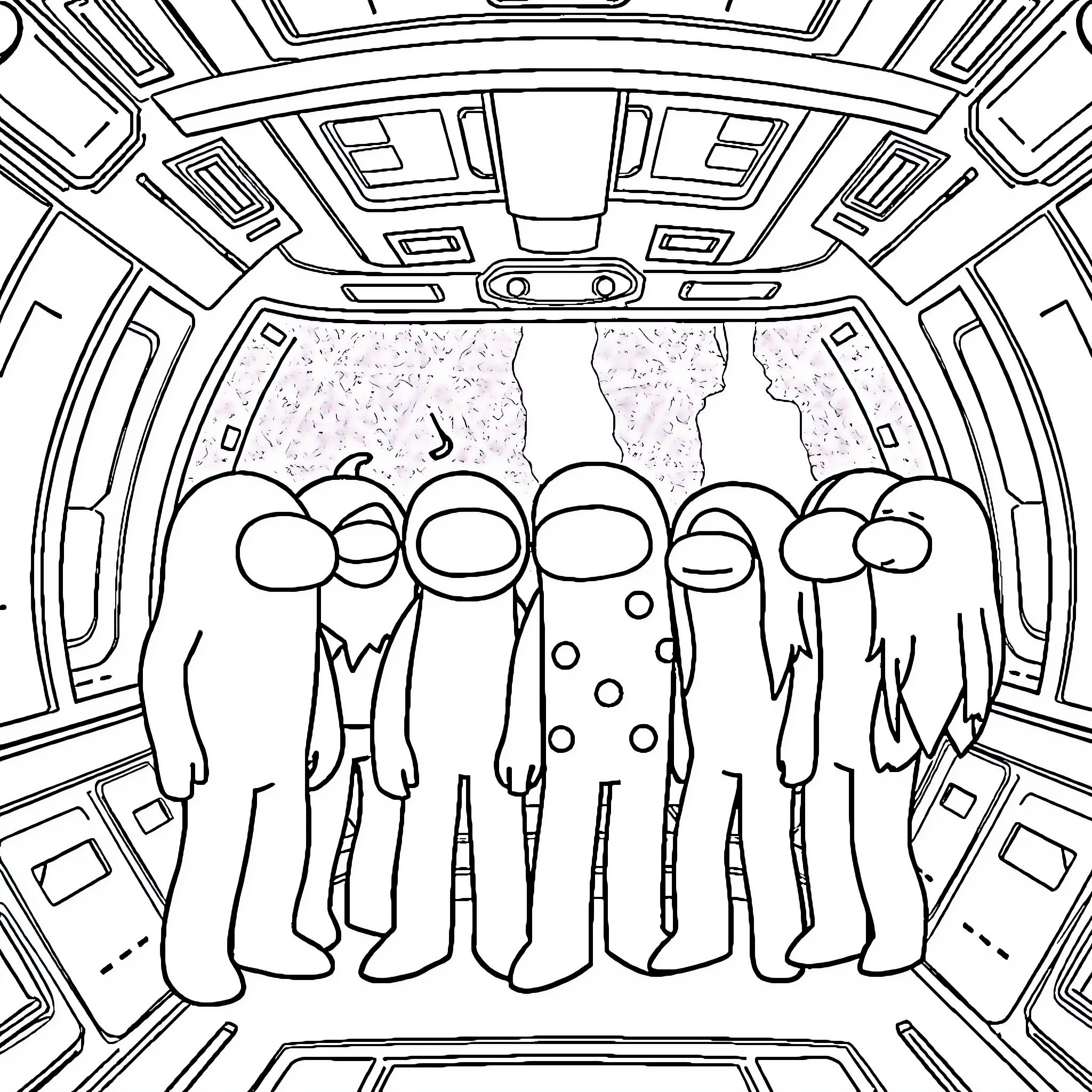 Among Us Characters Standing in Spaceship Coloring Page (free black-and-white line drawing printable PDF for all, from beginners to advanced learners, including children, teens, adults, and seniors)