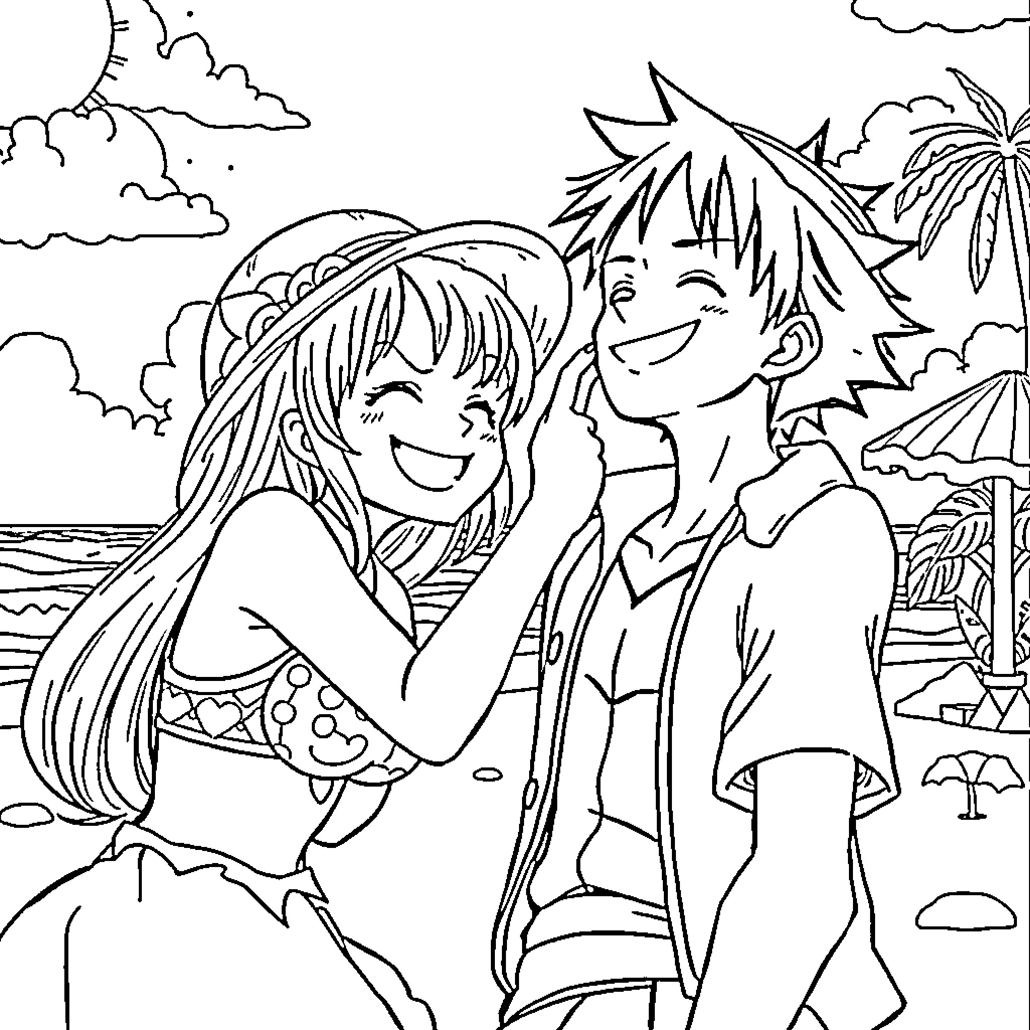 Nani's Tropical Beach Adventure Coloring Page (free black-and-white line drawing printable PDF for all, from beginners to advanced learners, including children, teens, adults, and seniors)