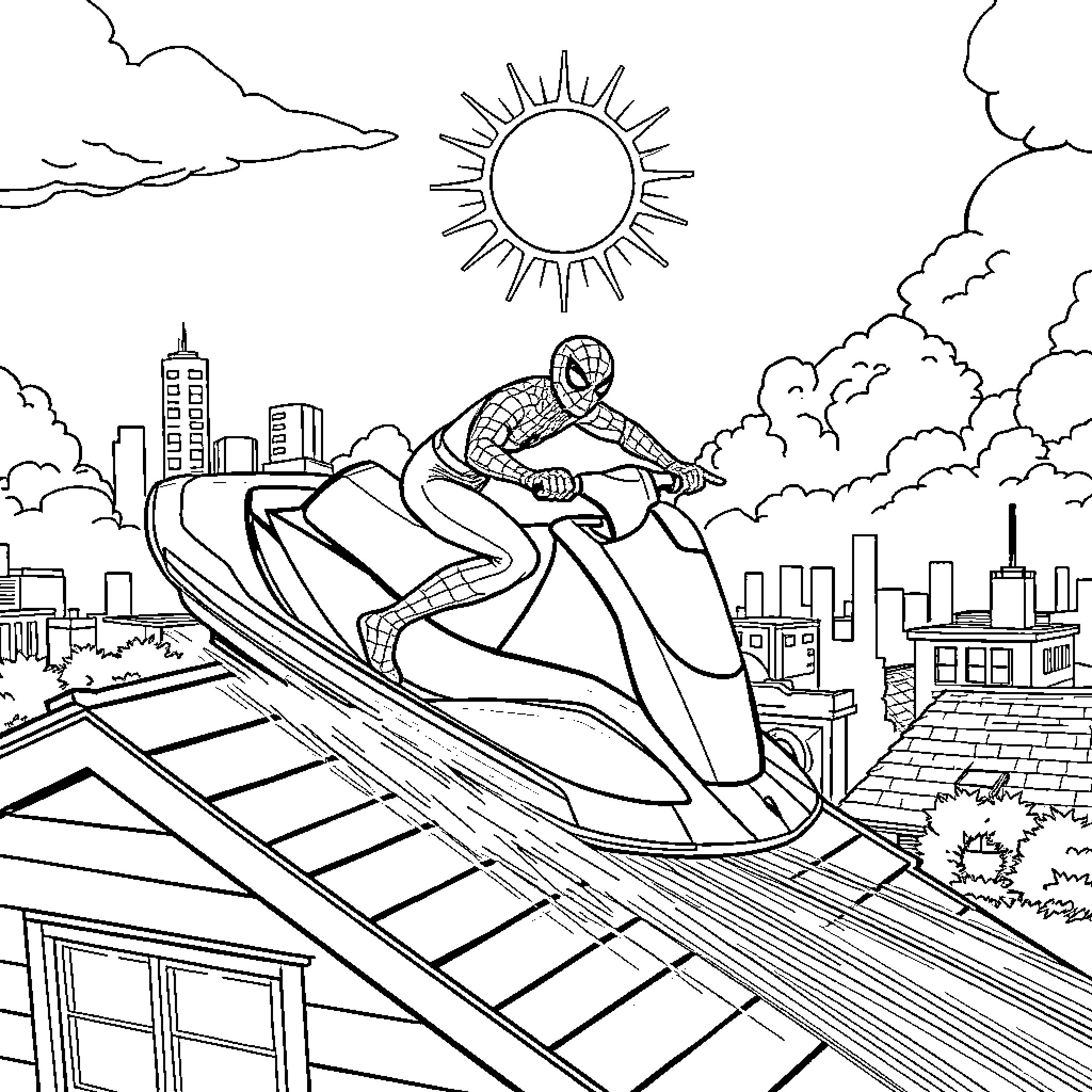 Spiderman speeding through the cityscape Coloring Page (free black-and-white line drawing printable PDF for all, from beginners to advanced learners, including children, teens, adults, and seniors)