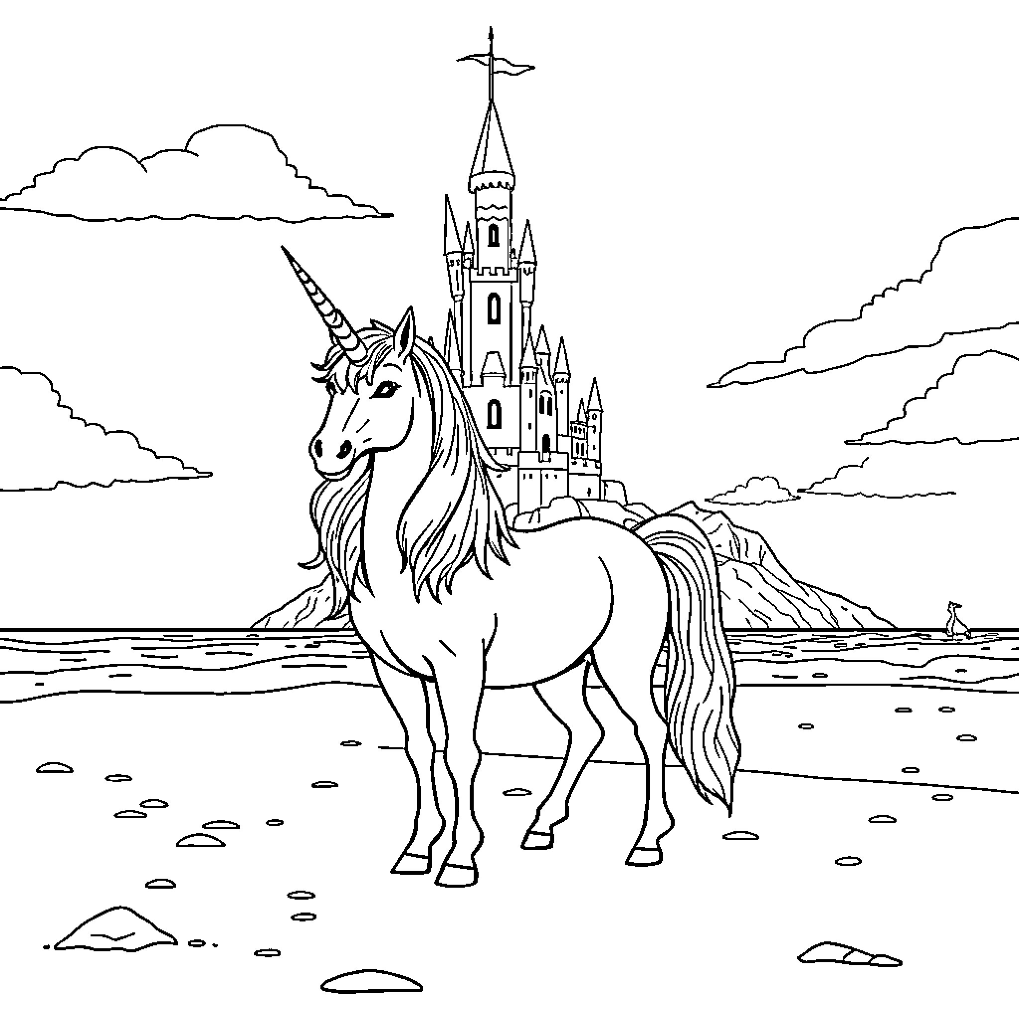 Unicorn standing before magical castle Coloring Page (free black-and-white line drawing printable PDF for all, from beginners to advanced learners, including children, teens, adults, and seniors)