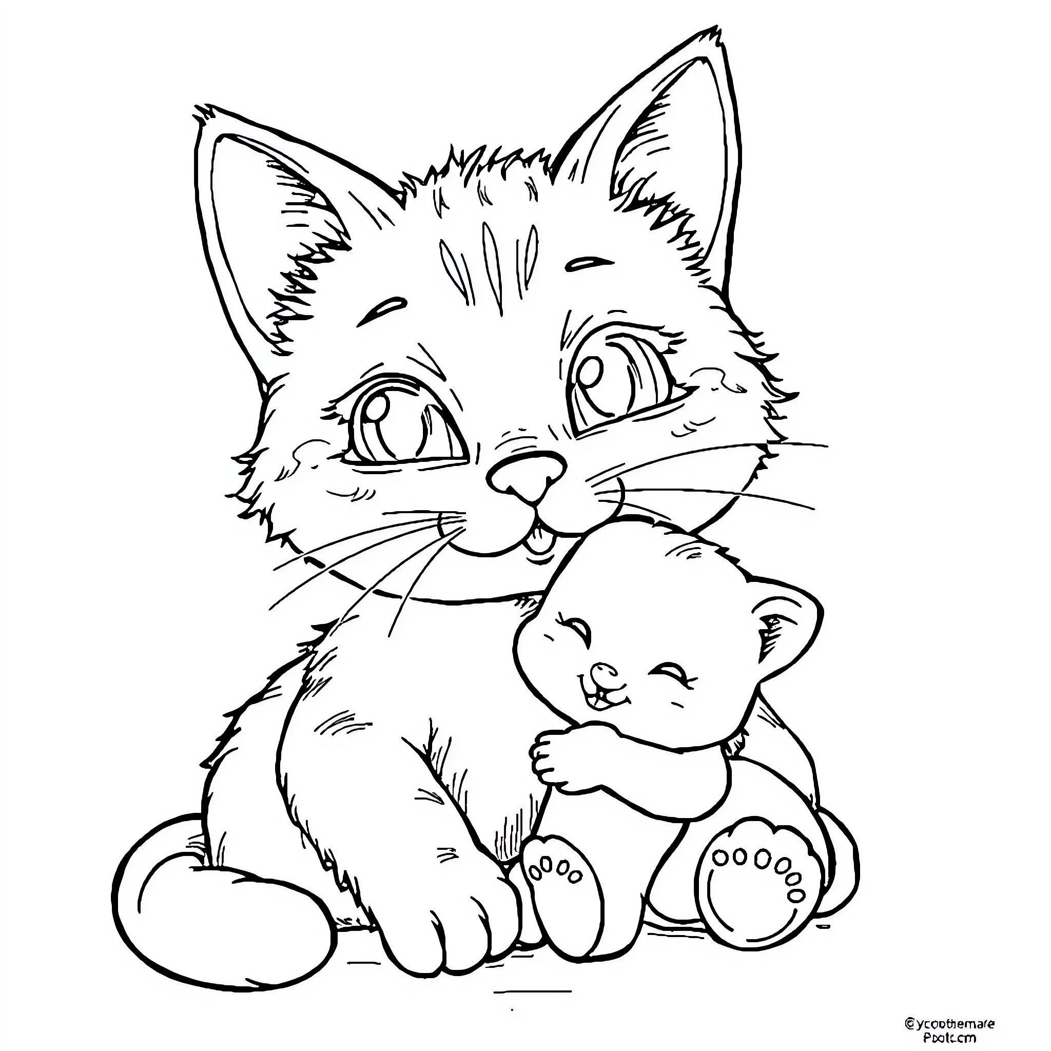 Cat cuddling adorable kitten Coloring Page (free black-and-white line drawing printable PDF for all, from beginners to advanced learners, including children, teens, adults, and seniors)