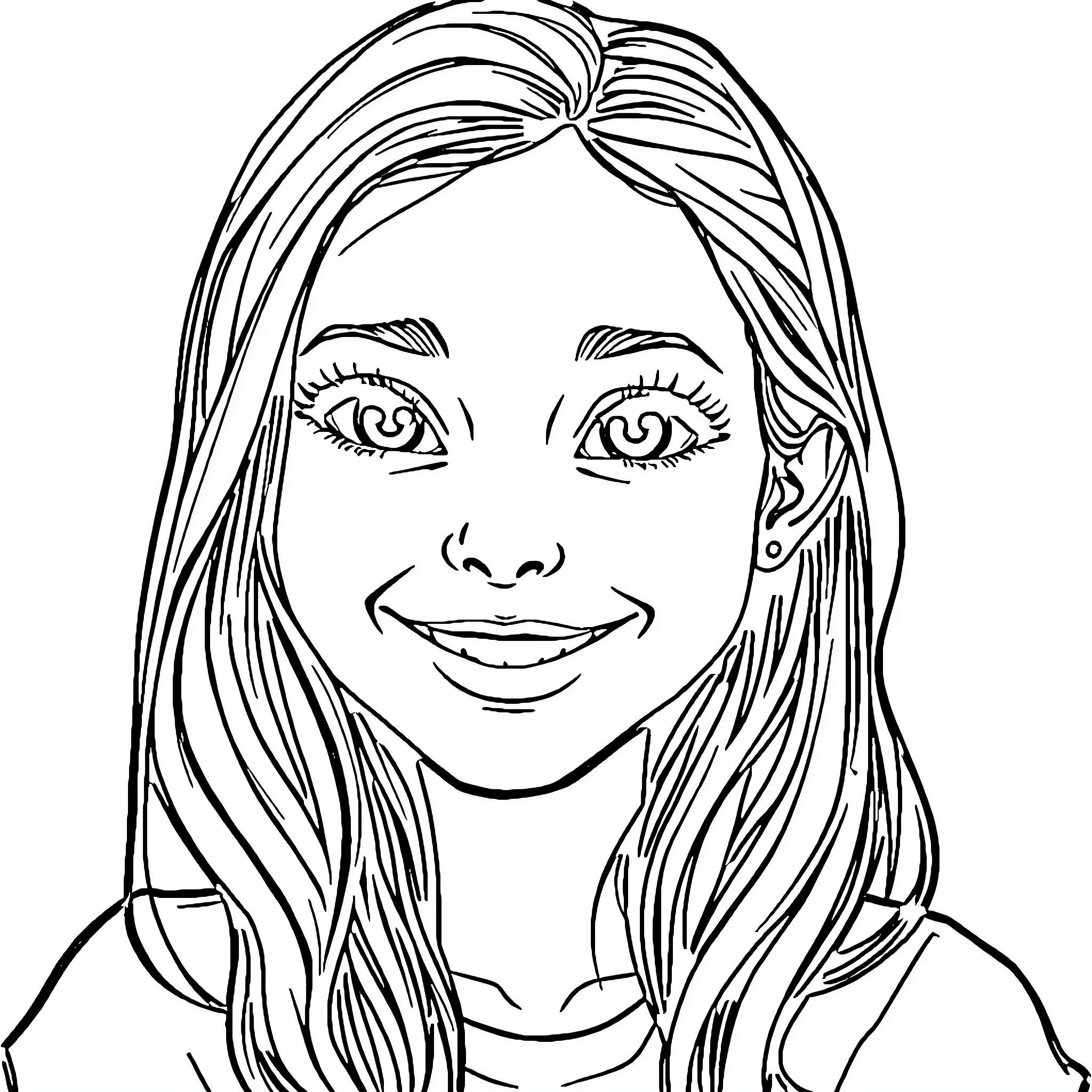 Daniela Katseye smiling cheerfully in portrait Coloring Page (free black-and-white line drawing printable PDF for all, from beginners to advanced learners, including children, teens, adults, and seniors)