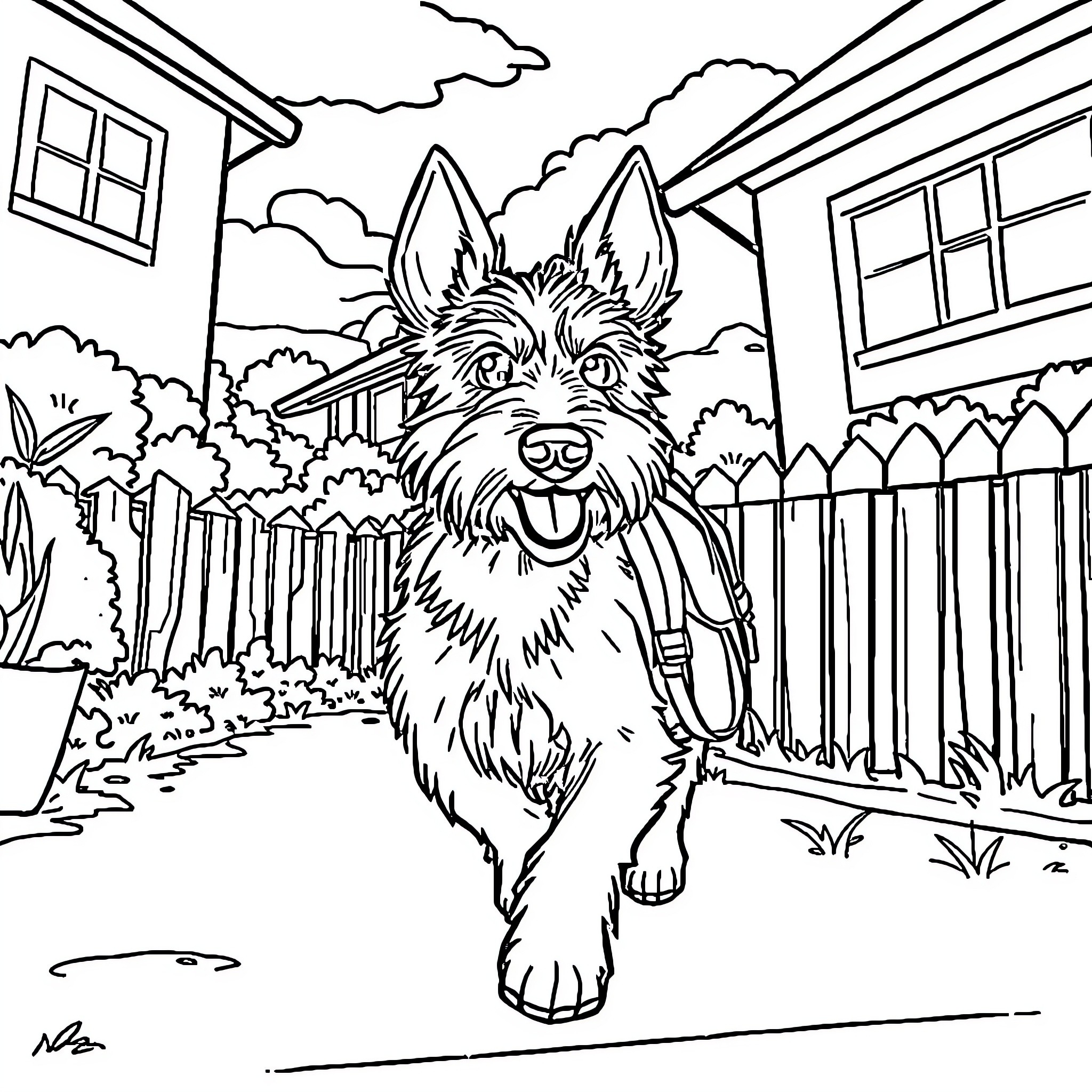 Perro playing happily in the neighborhood Coloring Page (free black-and-white line drawing printable PDF for all, from beginners to advanced learners, including children, teens, adults, and seniors)