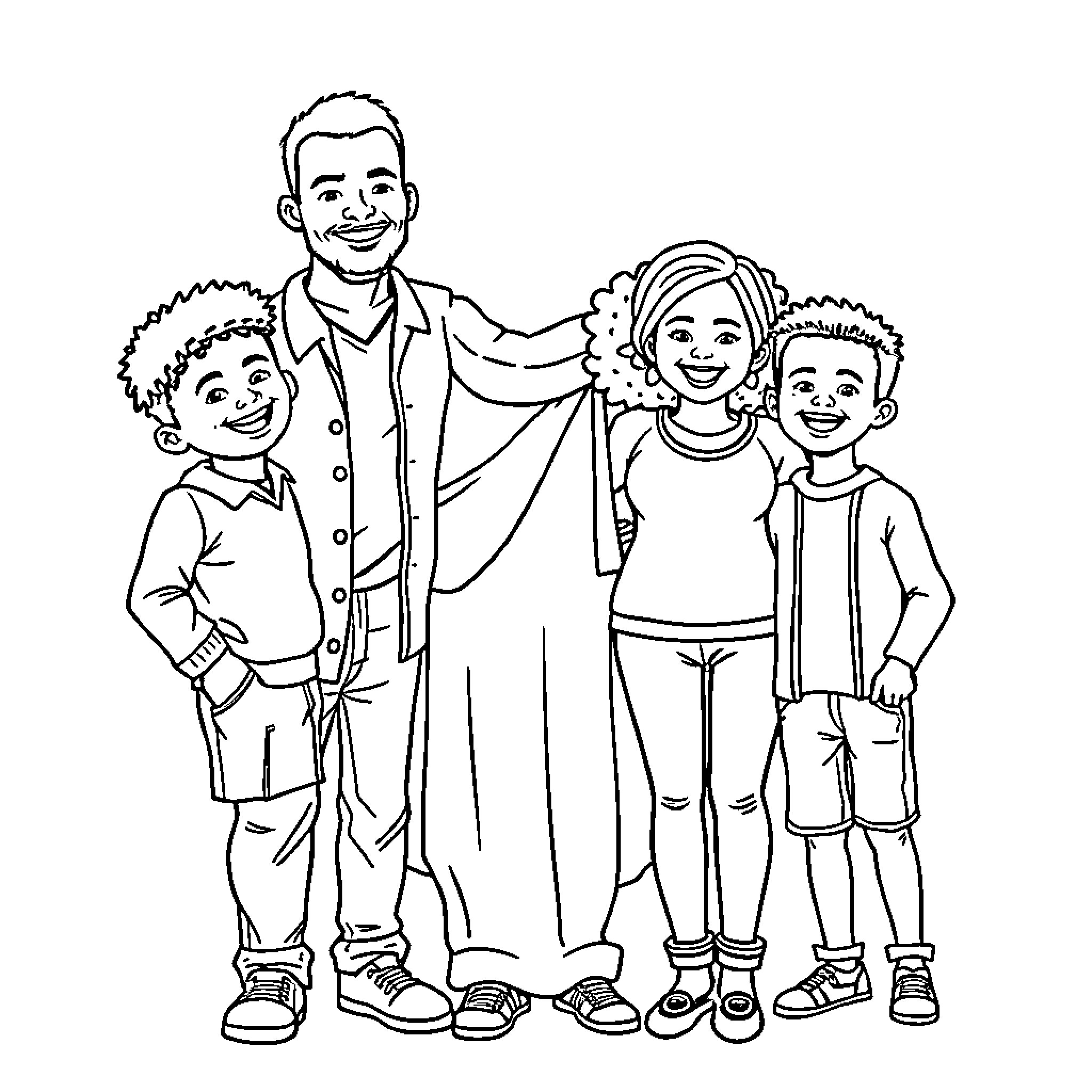 Family portrait of smiling loved ones Coloring Page (free black-and-white line drawing printable PDF for all, from beginners to advanced learners, including children, teens, adults, and seniors)
