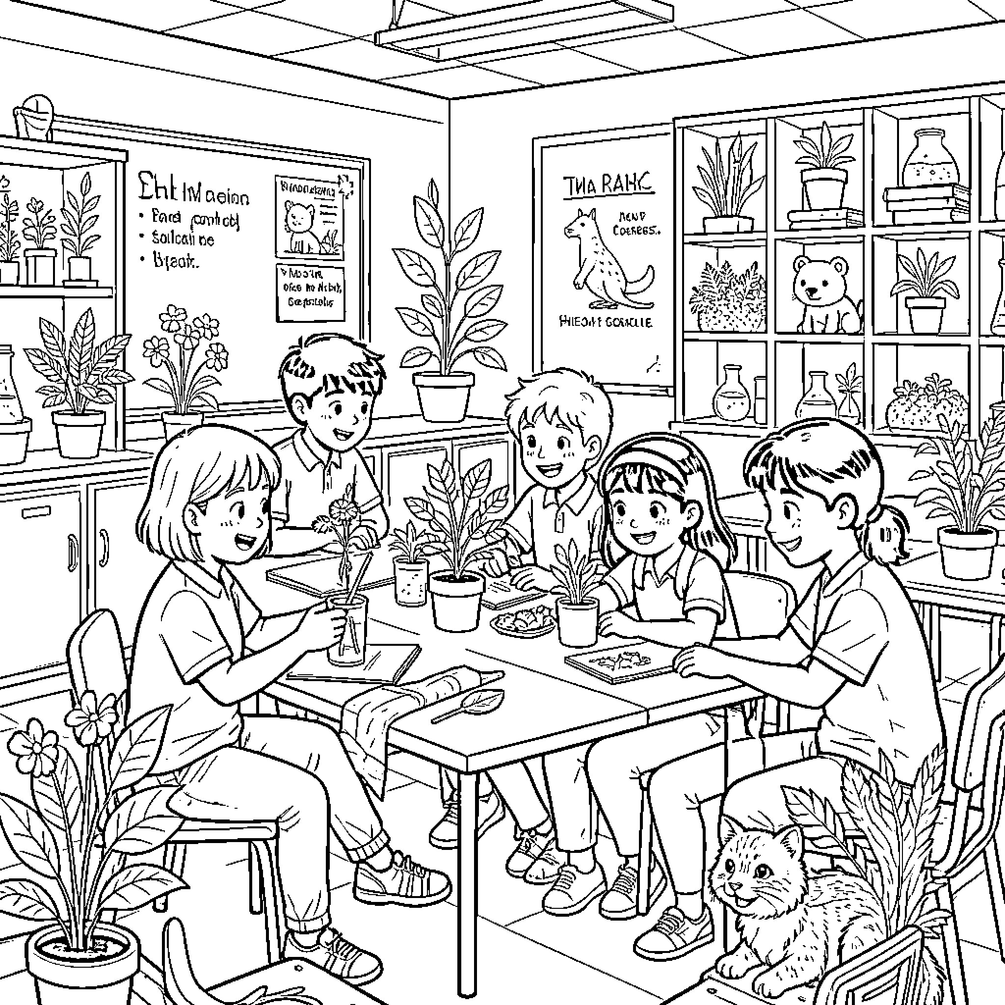 Science students happily planting small seedlings at a table Coloring Page (free black-and-white line drawing printable PDF for all, from beginners to advanced learners, including children, teens, adults, and seniors)