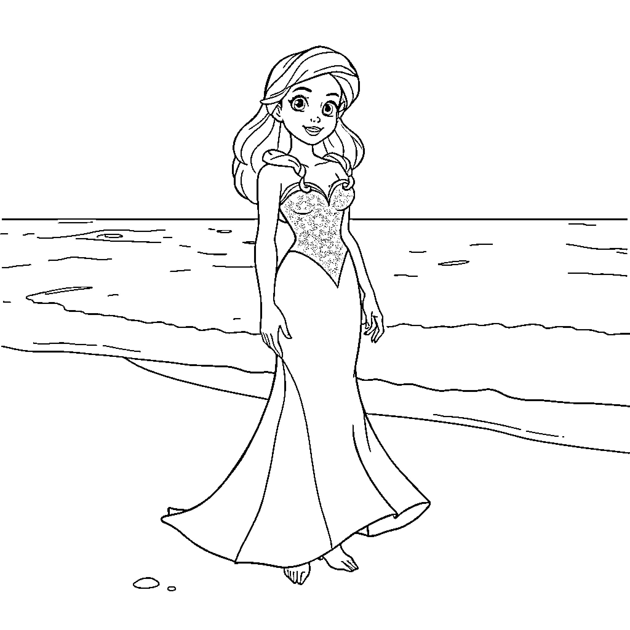 Ariel's Elegant Seaside Stroll Coloring Page (free black-and-white line drawing printable PDF for all, from beginners to advanced learners, including children, teens, adults, and seniors)