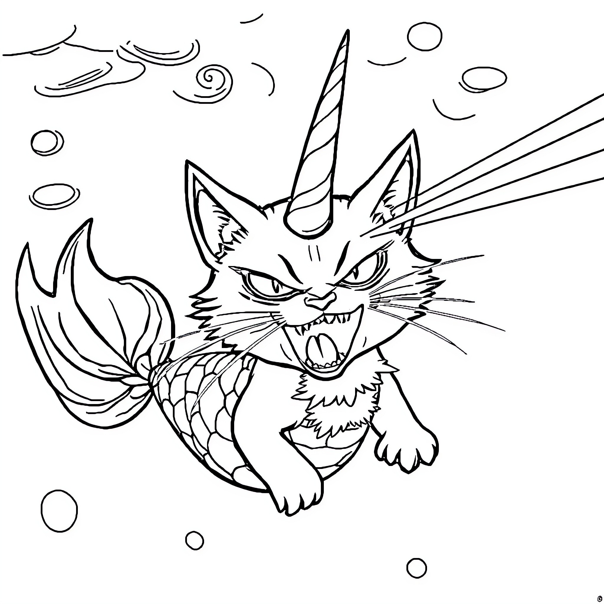 Cat unicorn fantasy creature with wings Coloring Page (free black-and-white line drawing printable PDF for all, from beginners to advanced learners, including children, teens, adults, and seniors)