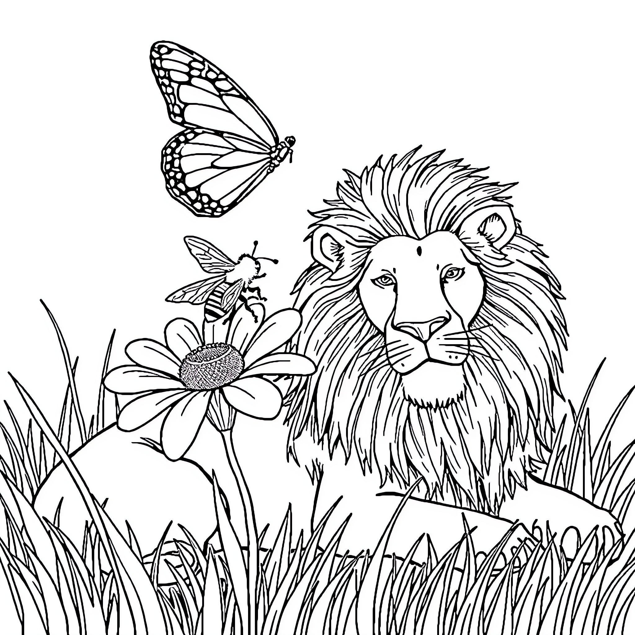 Flower garden with lion and butterflies Coloring Page (free black-and-white line drawing printable PDF for all, from beginners to advanced learners, including children, teens, adults, and seniors)