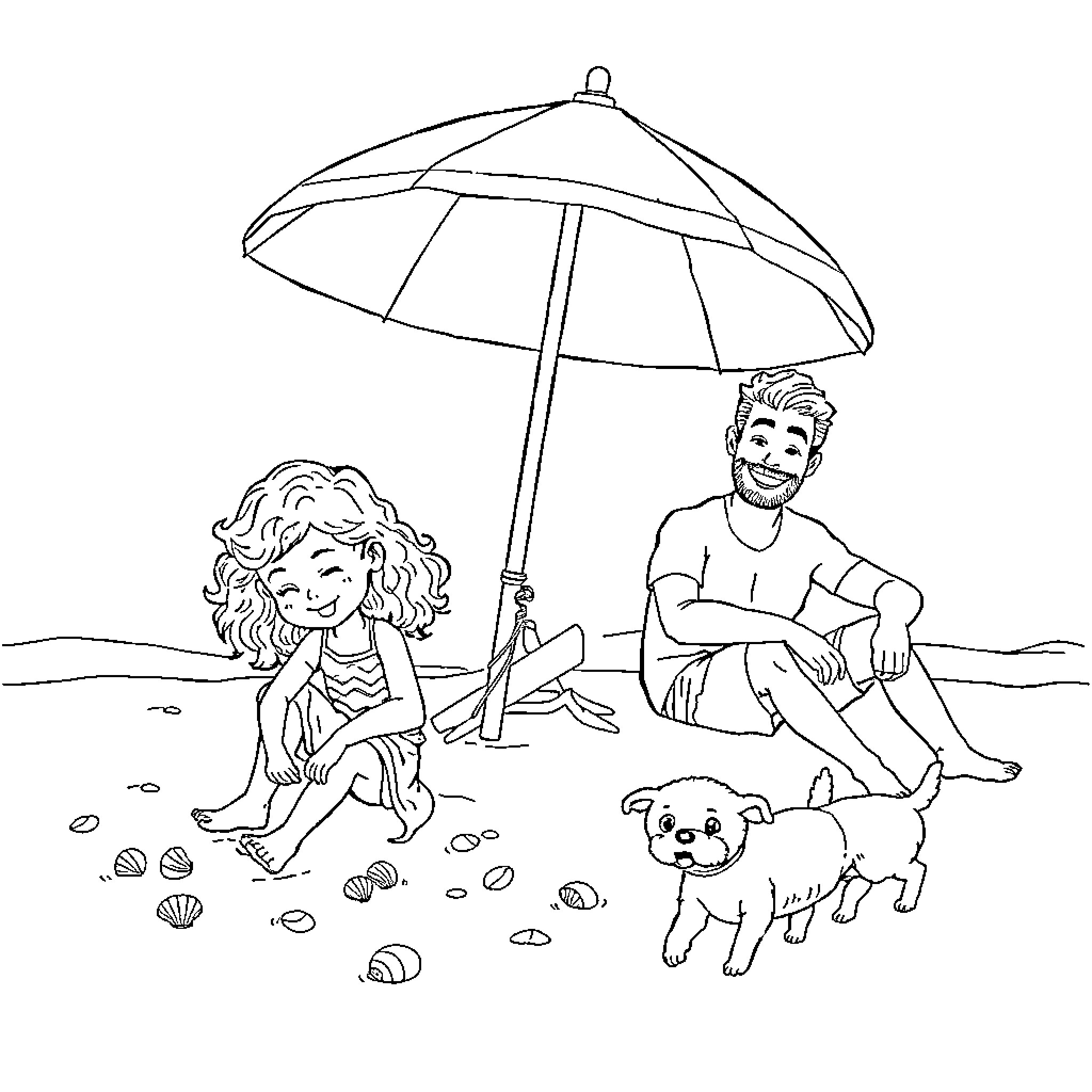 Family Enjoying a Day at the Beach Coloring Page (free black-and-white line drawing printable PDF for all, from beginners to advanced learners, including children, teens, adults, and seniors)