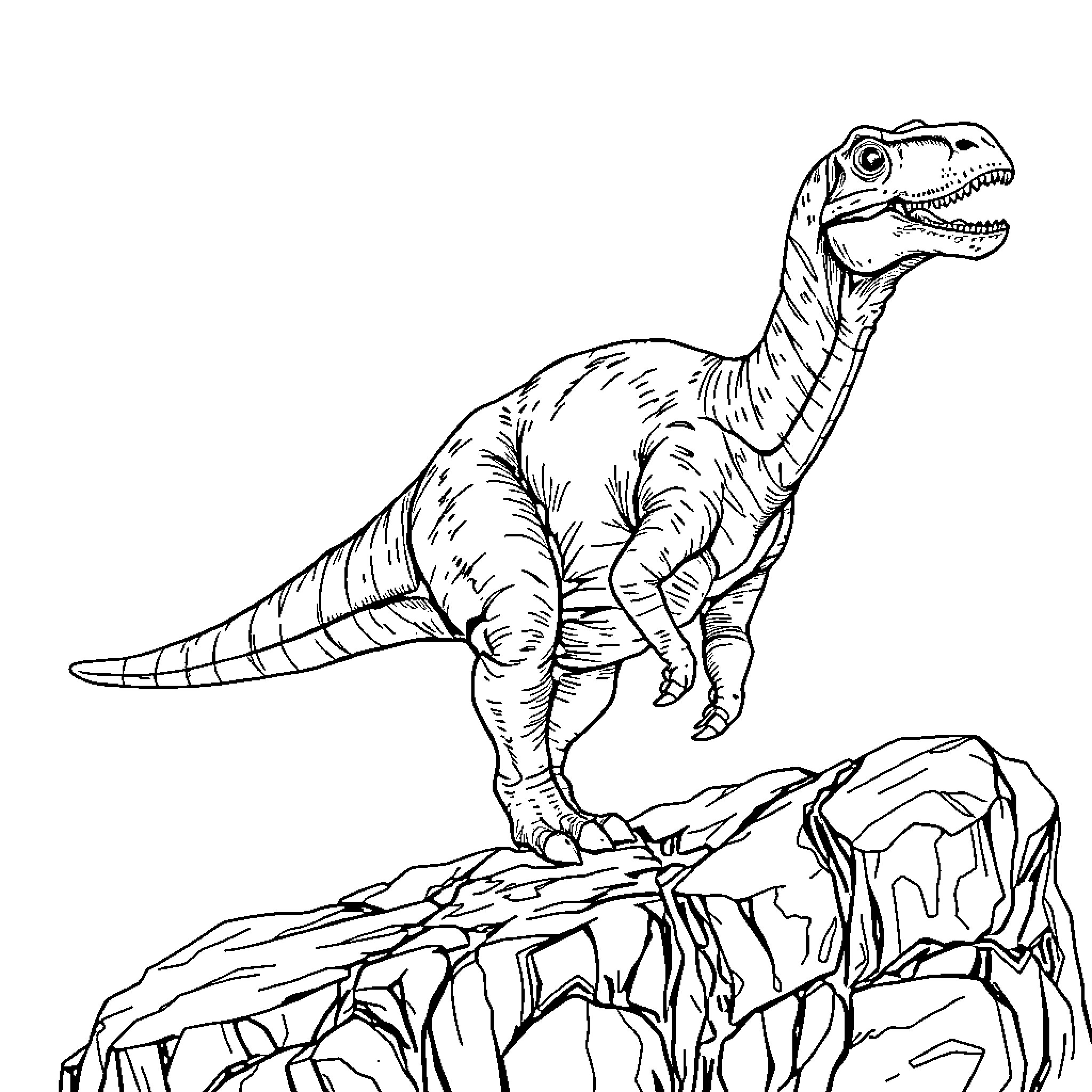Gigantosaurus standing tall on rocky terrain Coloring Page (free black-and-white line drawing printable PDF for all, from beginners to advanced learners, including children, teens, adults, and seniors)