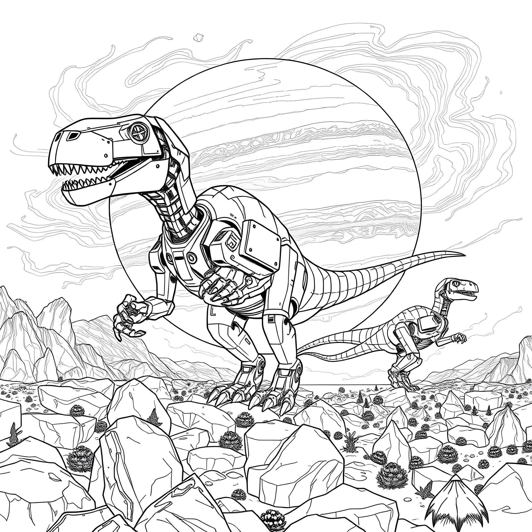 Dinosaur robot rampaging through a prehistoric landscape Coloring Page (free black-and-white line drawing printable PDF for all, from beginners to advanced learners, including children, teens, adults, and seniors)
