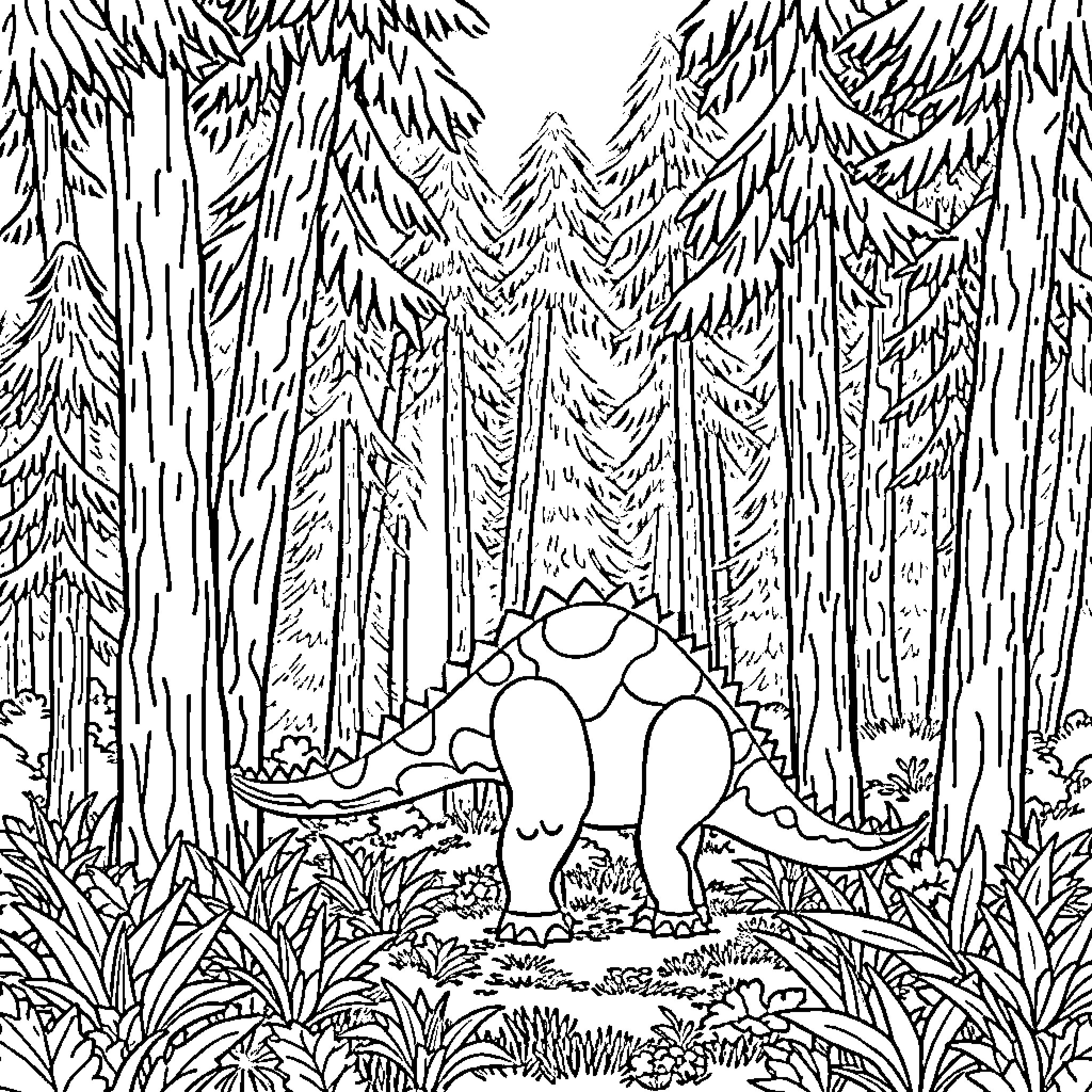 Dino exploring mysterious forest landscape Coloring Page (free black-and-white line drawing printable PDF for all, from beginners to advanced learners, including children, teens, adults, and seniors)