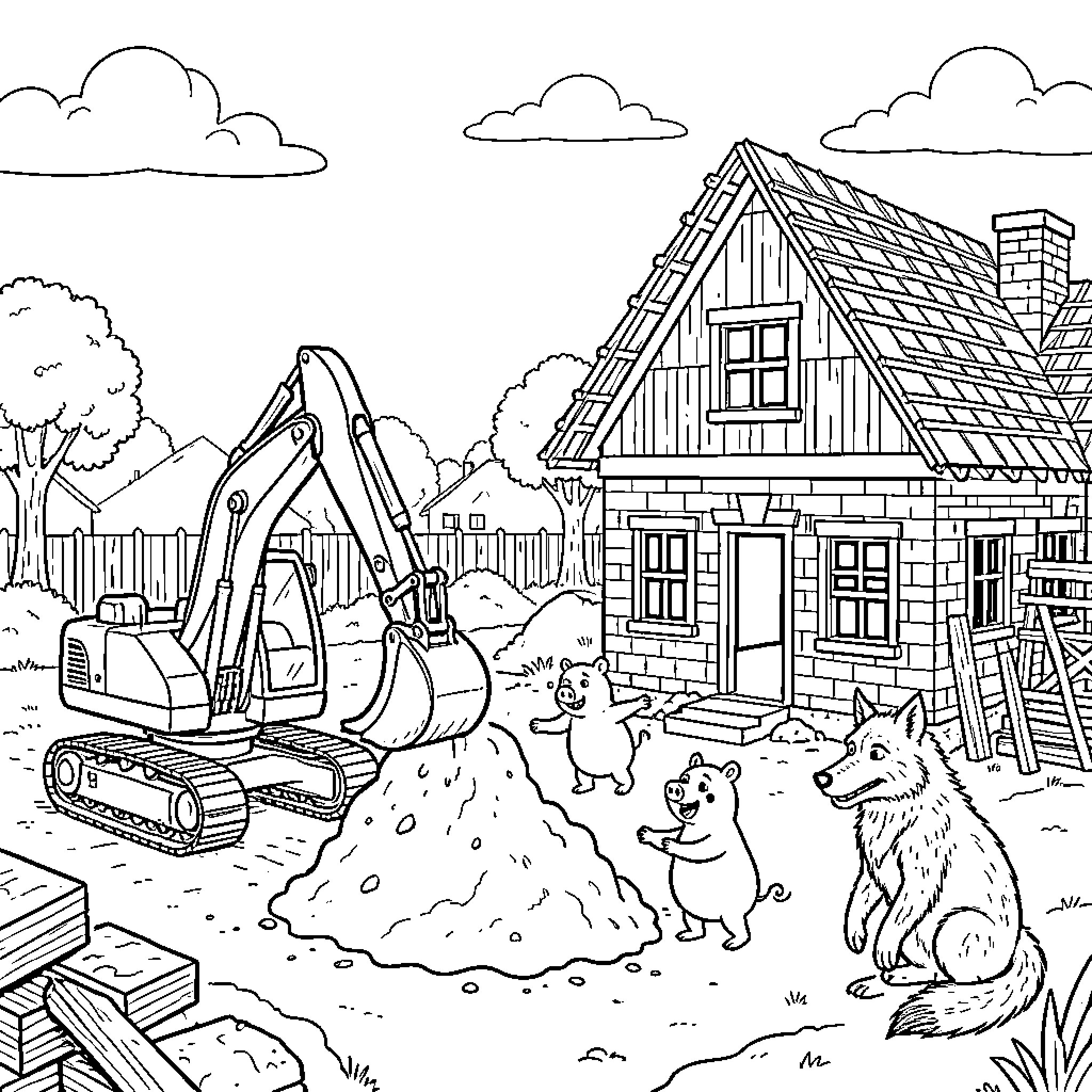 Excavator working on construction site with house and dogs Coloring Page (free black-and-white line drawing printable PDF for all, from beginners to advanced learners, including children, teens, adults, and seniors)