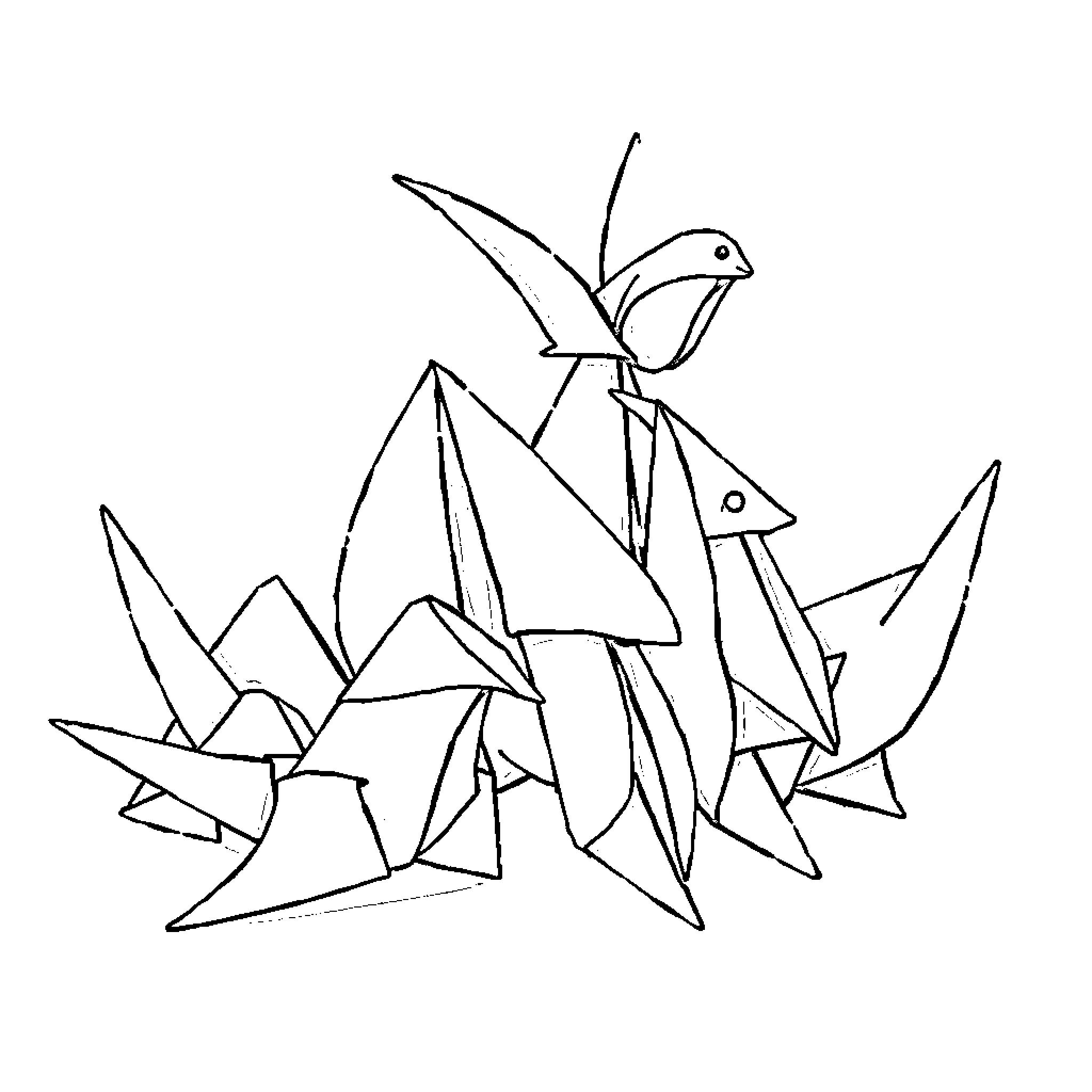 Origami creatures in geometric shapes Coloring Page (free black-and-white line drawing printable PDF for all, from beginners to advanced learners, including children, teens, adults, and seniors)