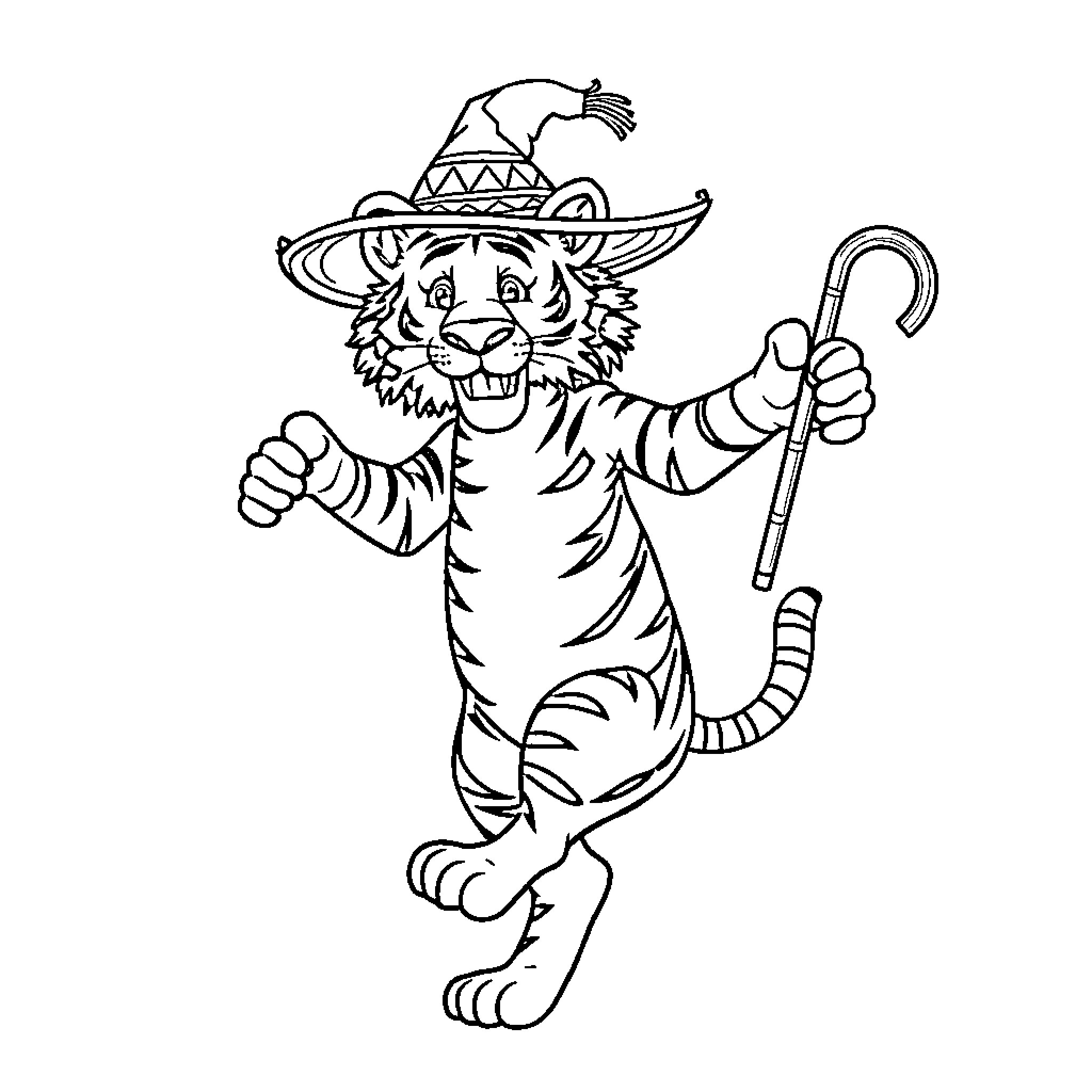 Tiger Wearing Sombrero and Holding Walking Stick Coloring Page (free black-and-white line drawing printable PDF for all, from beginners to advanced learners, including children, teens, adults, and seniors)