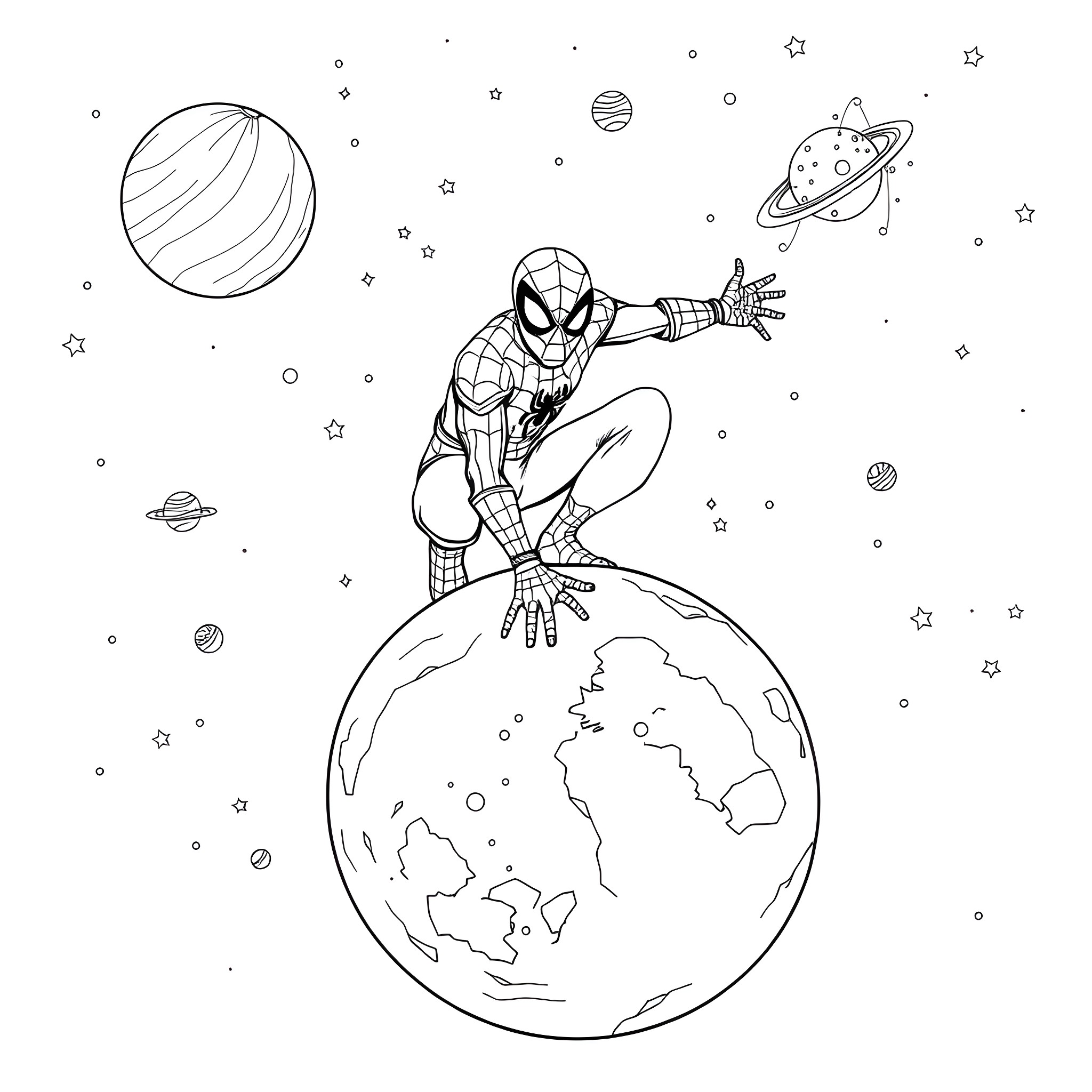 Spiderman explores the cosmic world Coloring Page (free black-and-white line drawing printable PDF for all, from beginners to advanced learners, including children, teens, adults, and seniors)