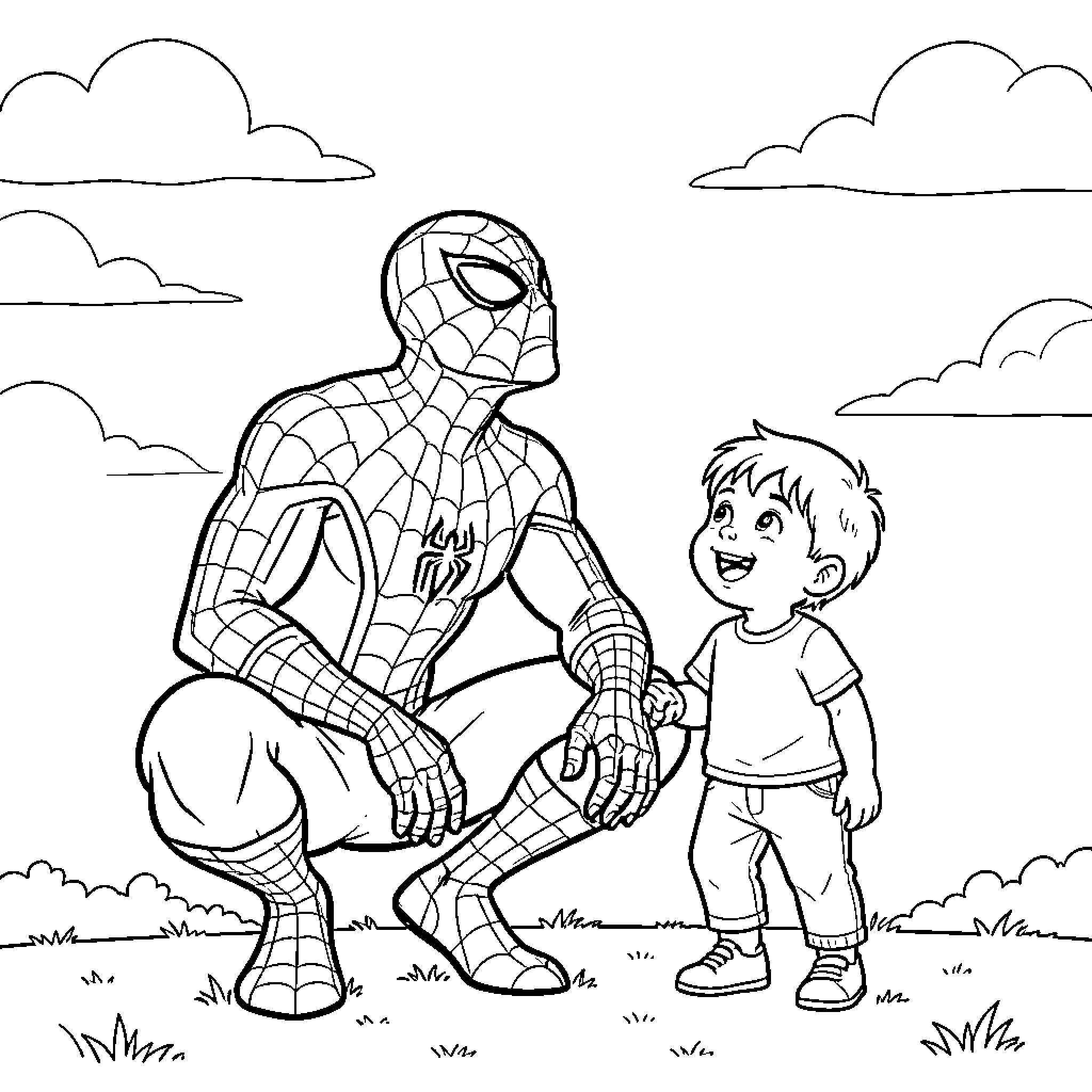 Spider-Man Meets a Curious Child Coloring Page (free black-and-white line drawing printable PDF for all, from beginners to advanced learners, including children, teens, adults, and seniors)