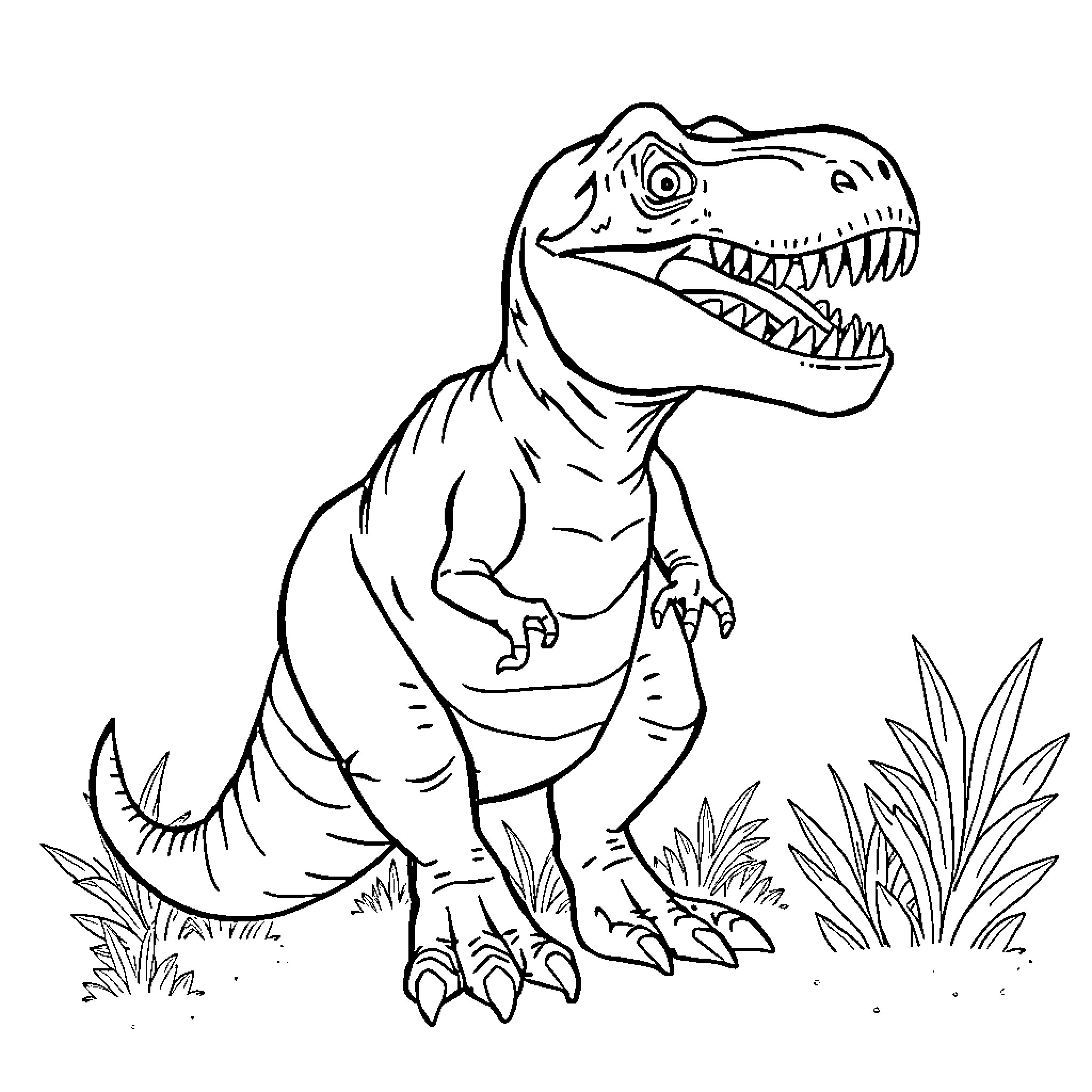 T-Rex Roaring Fiercely in the Wilderness Coloring Page (free black-and-white line drawing printable PDF for all, from beginners to advanced learners, including children, teens, adults, and seniors)