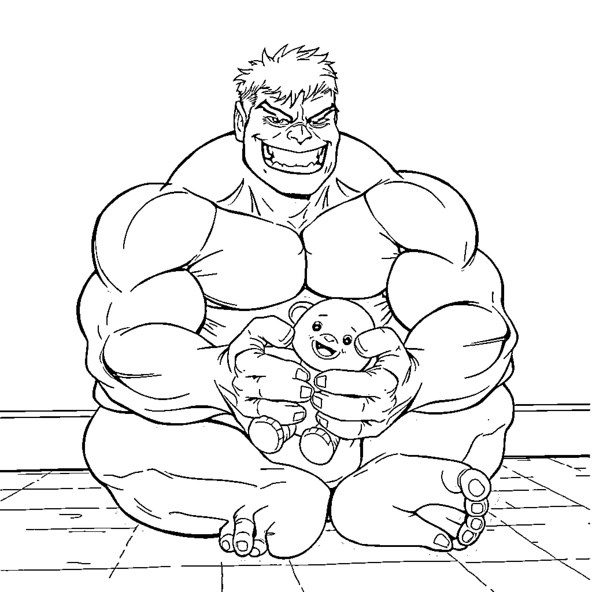 Hulk Protects Baby in His Hands Coloring Page (free black-and-white line drawing printable PDF for all, from beginners to advanced learners, including children, teens, adults, and seniors)