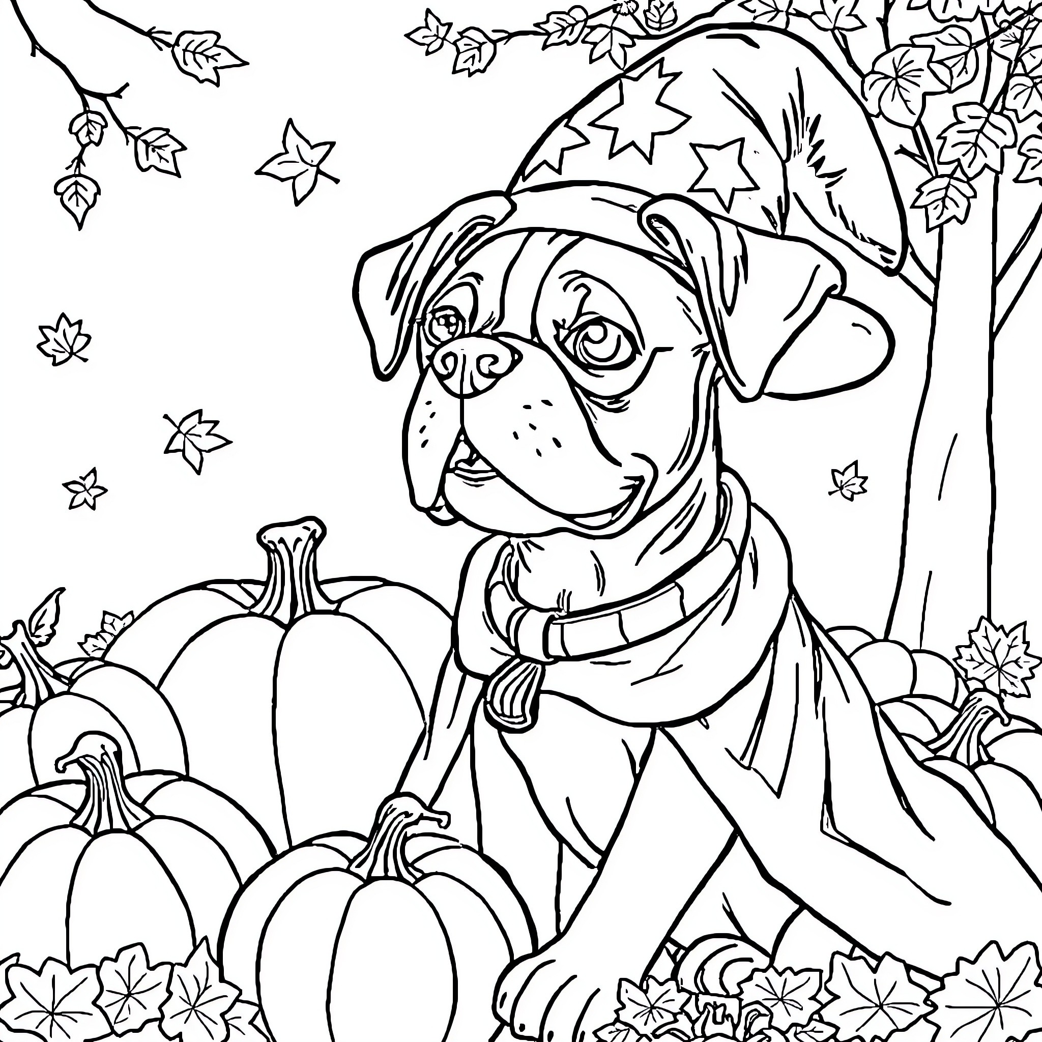 Boxer dog in autumn leaves and pumpkins Coloring Page (free black-and-white line drawing printable PDF for all, from beginners to advanced learners, including children, teens, adults, and seniors)