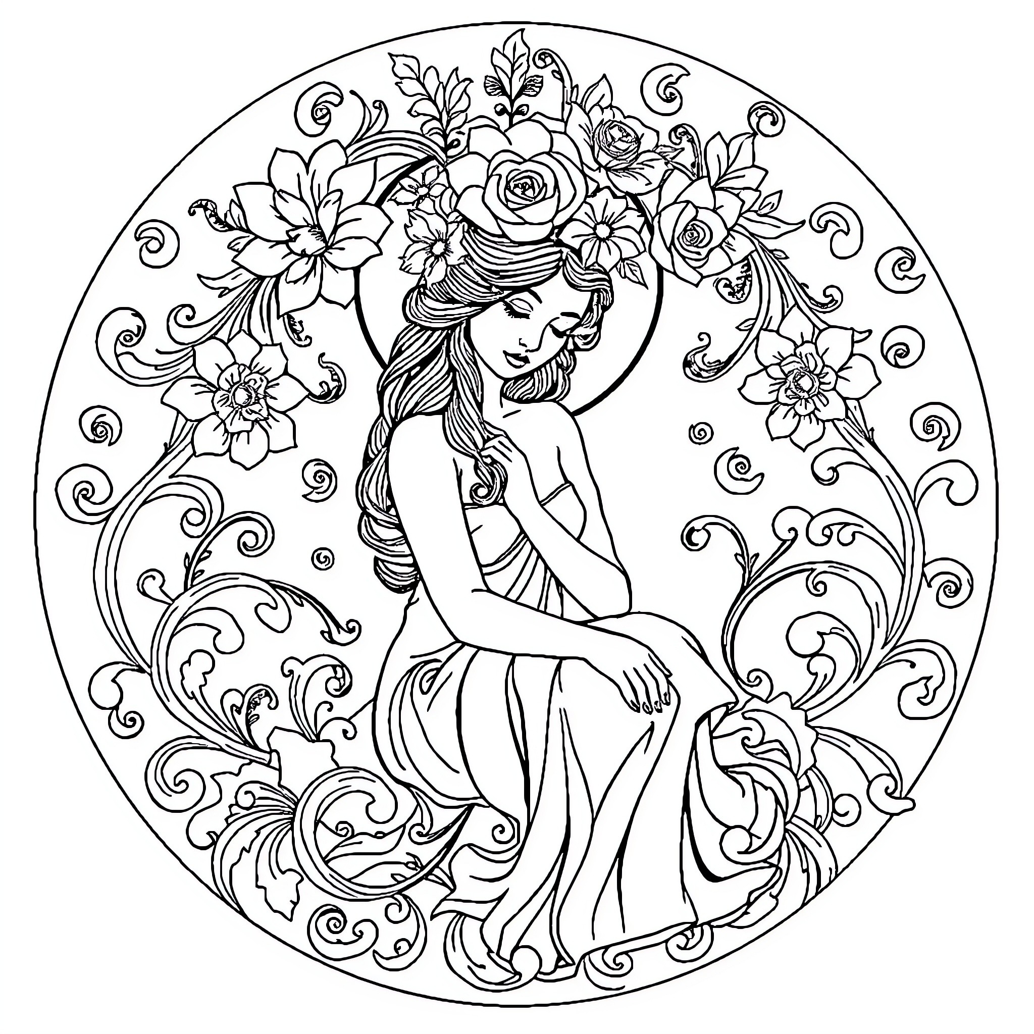 Woman surrounded by intricate floral designs Coloring Page (free black-and-white line drawing printable PDF for all, from beginners to advanced learners, including children, teens, adults, and seniors)