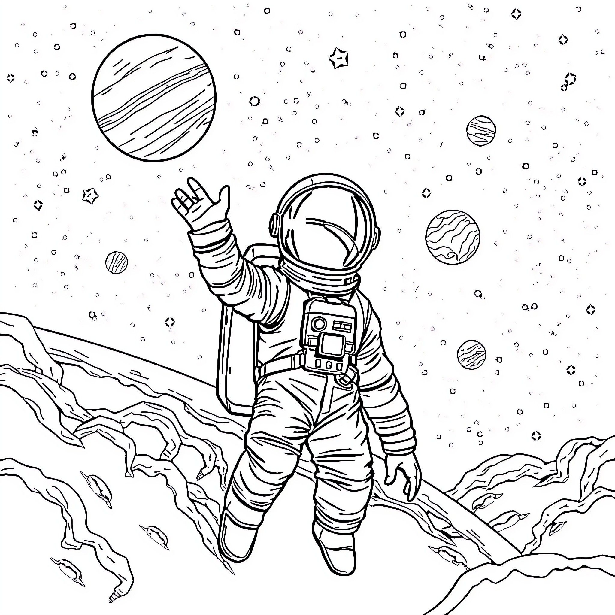 Astronaut exploring the wonders of outer space Coloring Page (free black-and-white line drawing printable PDF for all, from beginners to advanced learners, including children, teens, adults, and seniors)