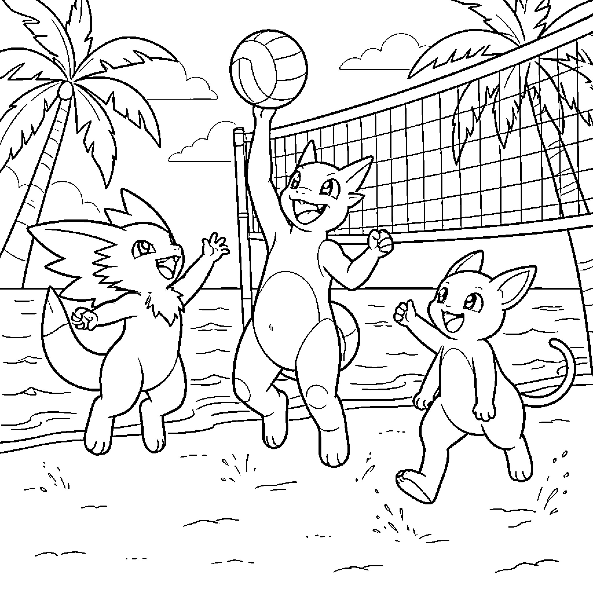 Pokémon playing a joyful game of beach volleyball Coloring Page (free black-and-white line drawing printable PDF for all, from beginners to advanced learners, including children, teens, adults, and seniors)