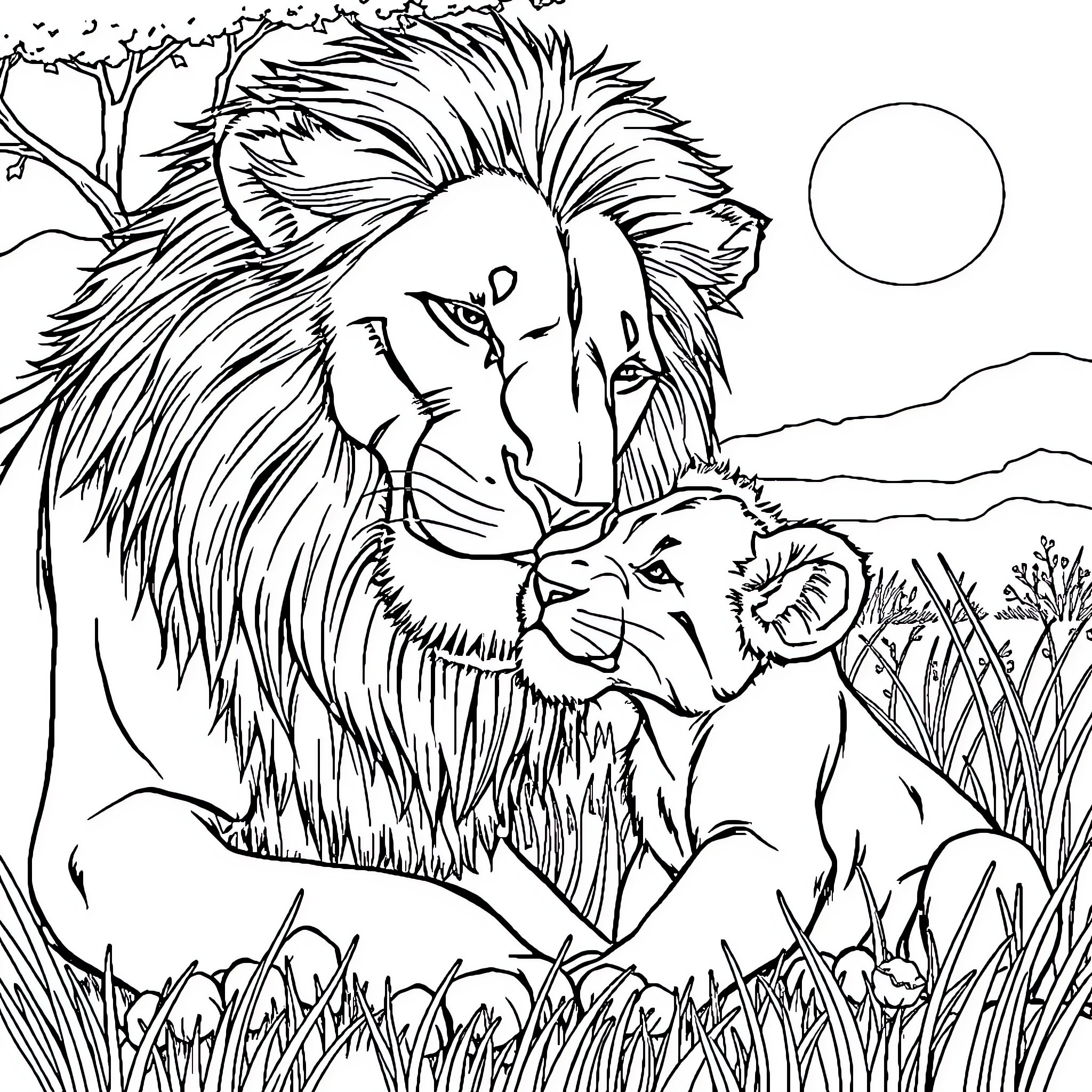 Lion protecting cub in the wild Coloring Page (free black-and-white line drawing printable PDF for all, from beginners to advanced learners, including children, teens, adults, and seniors)