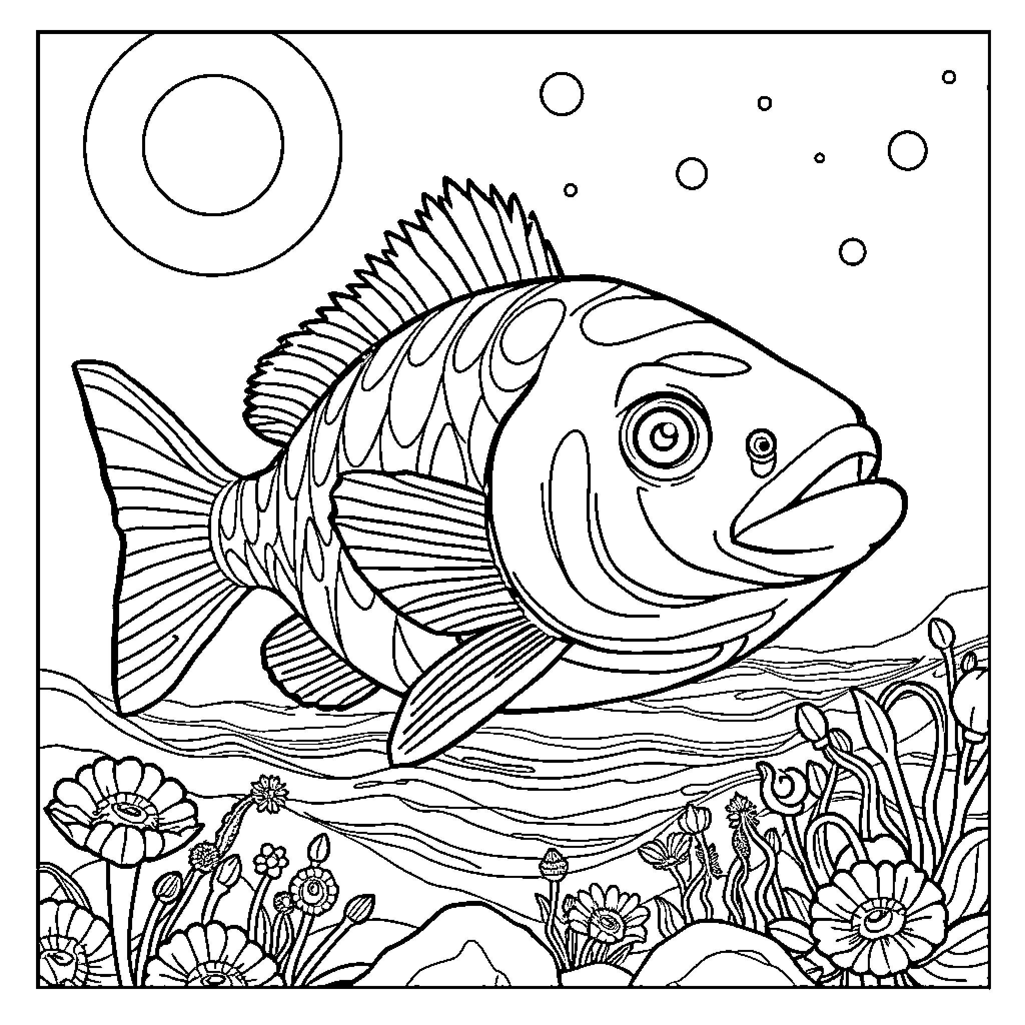 Dragon fish swimming gracefully in the underwater garden Coloring Page (free black-and-white line drawing printable PDF for all, from beginners to advanced learners, including children, teens, adults, and seniors)