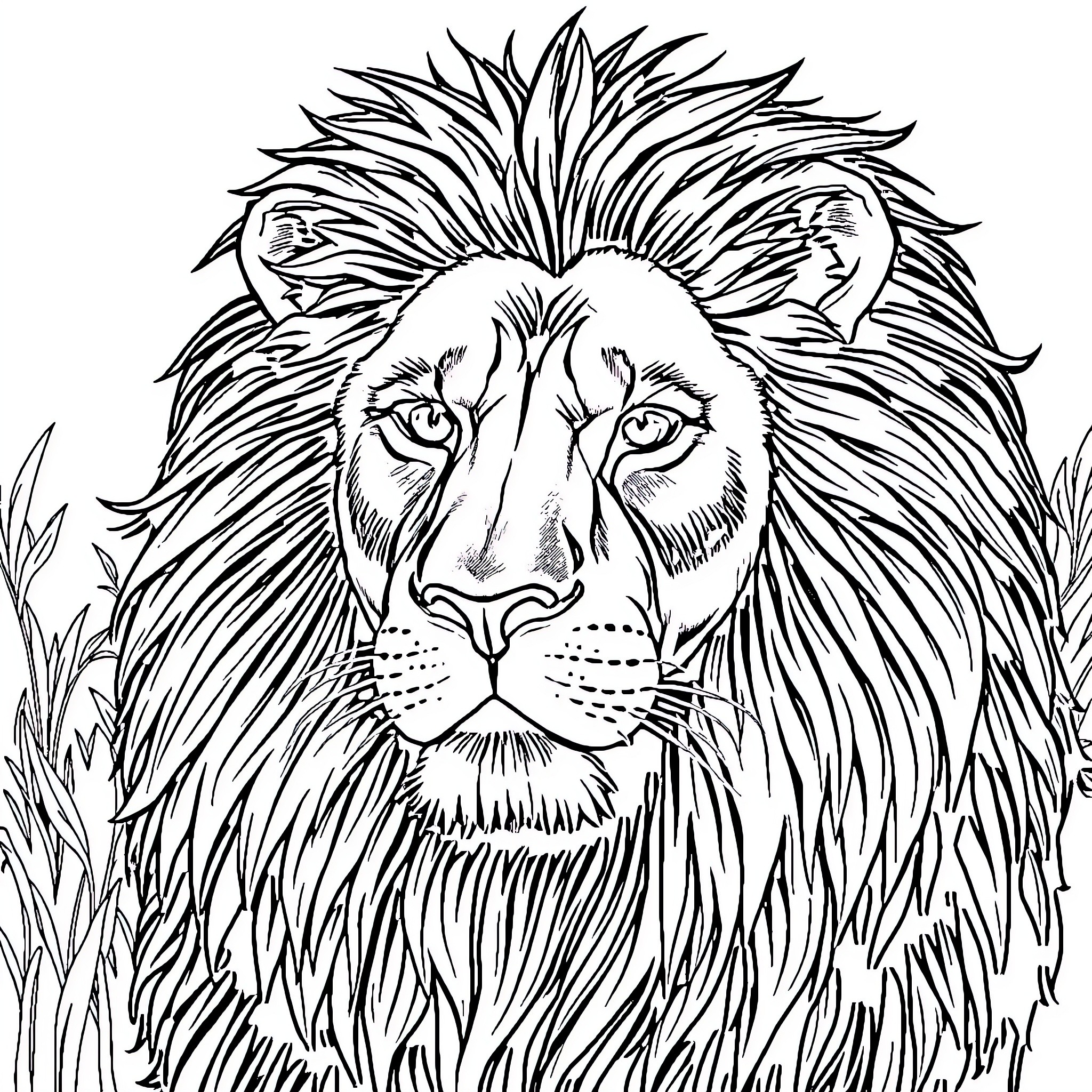 Lion with powerful gaze in wild grass Coloring Page (free black-and-white line drawing printable PDF for all, from beginners to advanced learners, including children, teens, adults, and seniors)