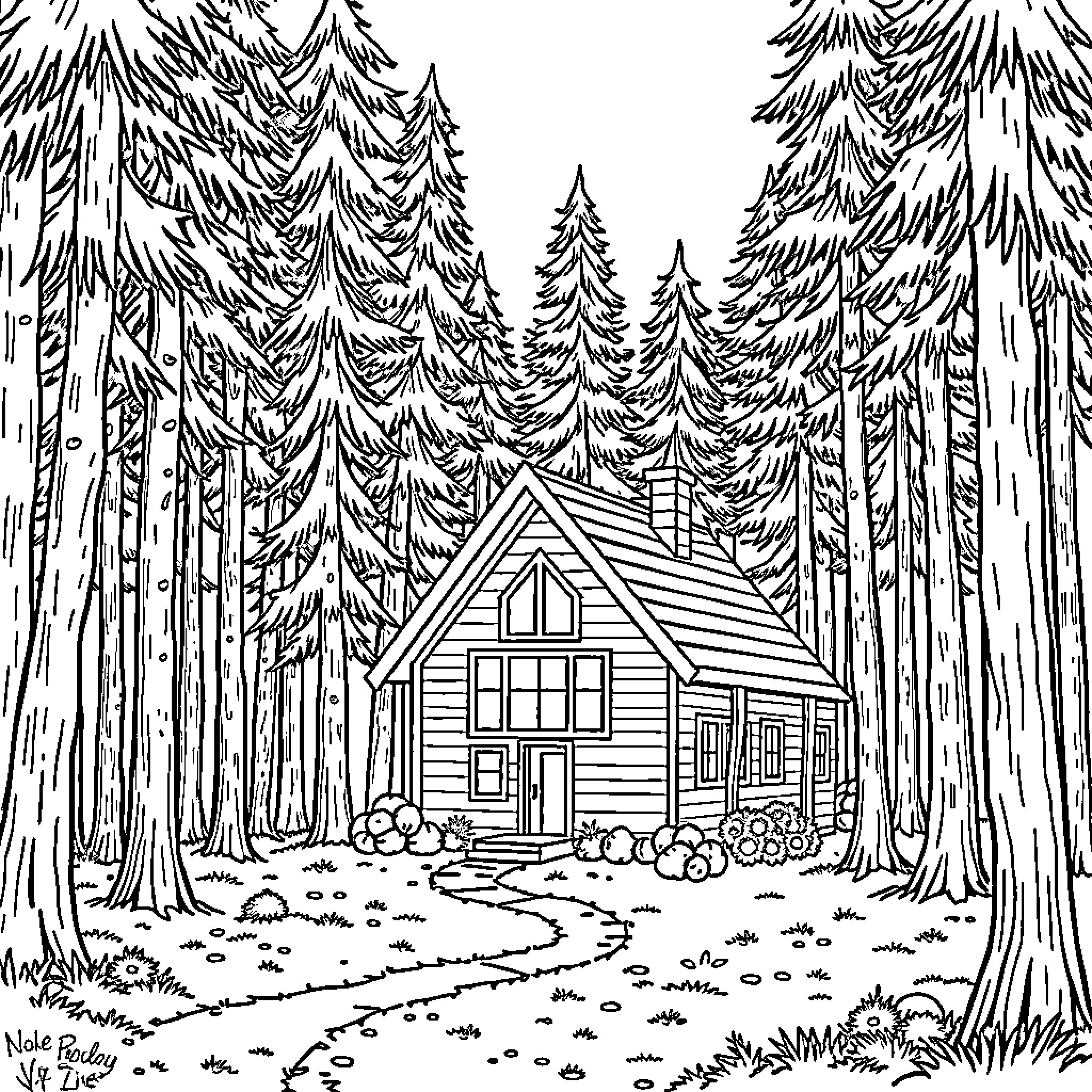 Home in the Serene Forest Coloring Page (free black-and-white line drawing printable PDF for all, from beginners to advanced learners, including children, teens, adults, and seniors)