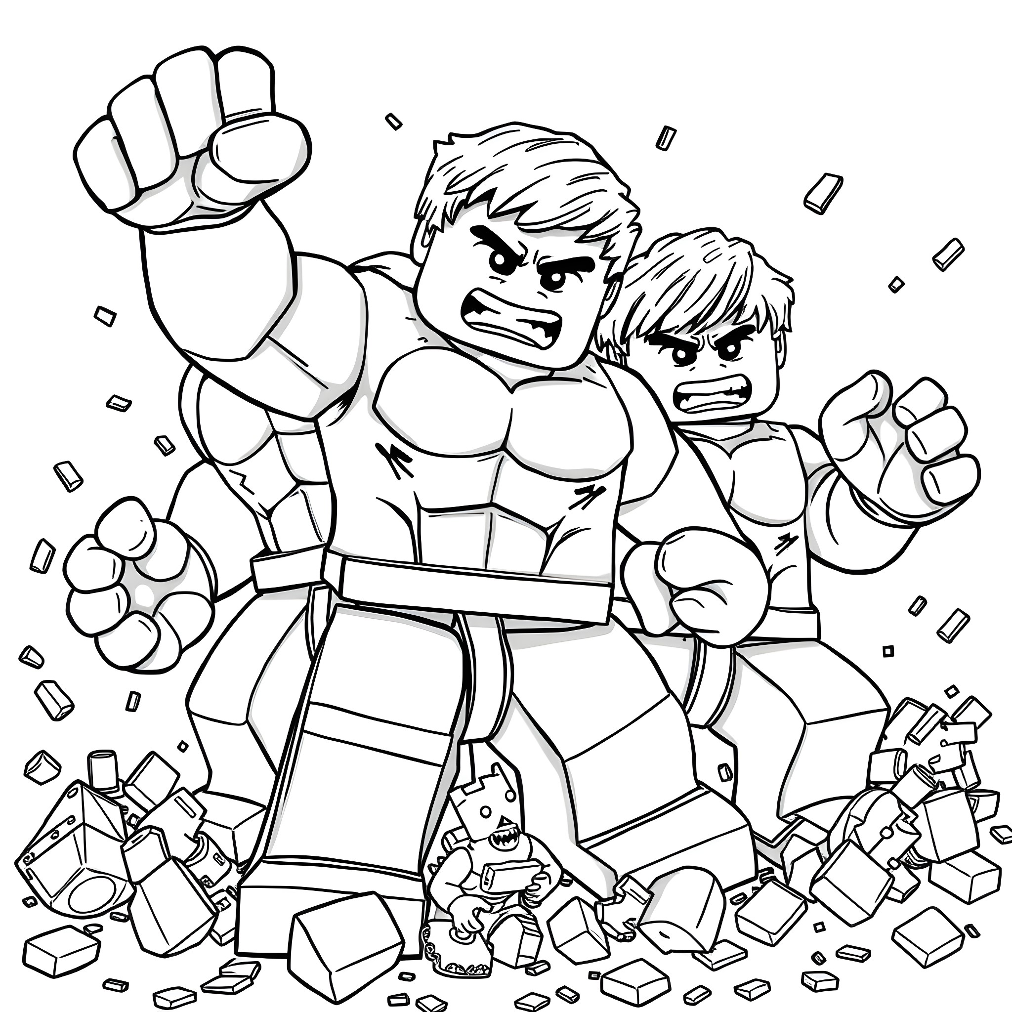Hulk characters smashing through debris and obstacles Coloring Page (free black-and-white line drawing printable PDF for all, from beginners to advanced learners, including children, teens, adults, and seniors)