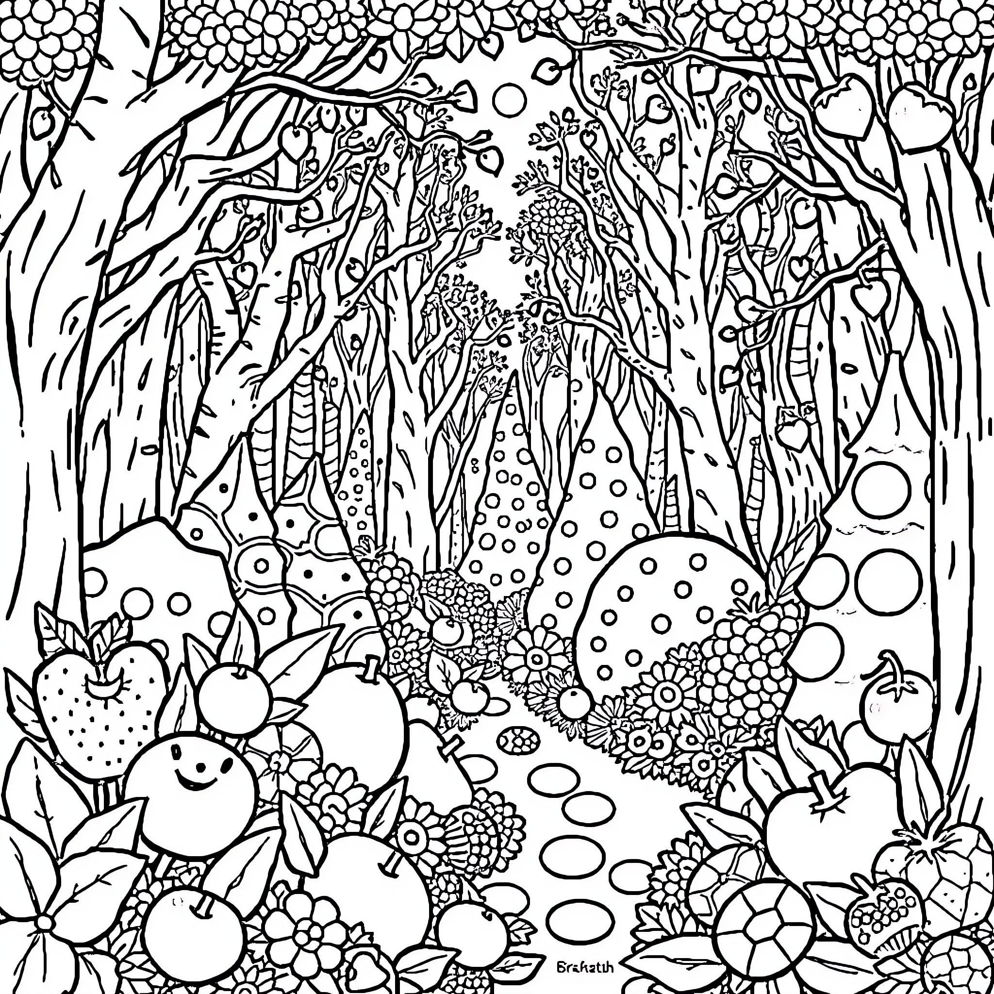 Candy Forest Fantasy Wonderland Coloring Page (free black-and-white line drawing printable PDF for all, from beginners to advanced learners, including children, teens, adults, and seniors)