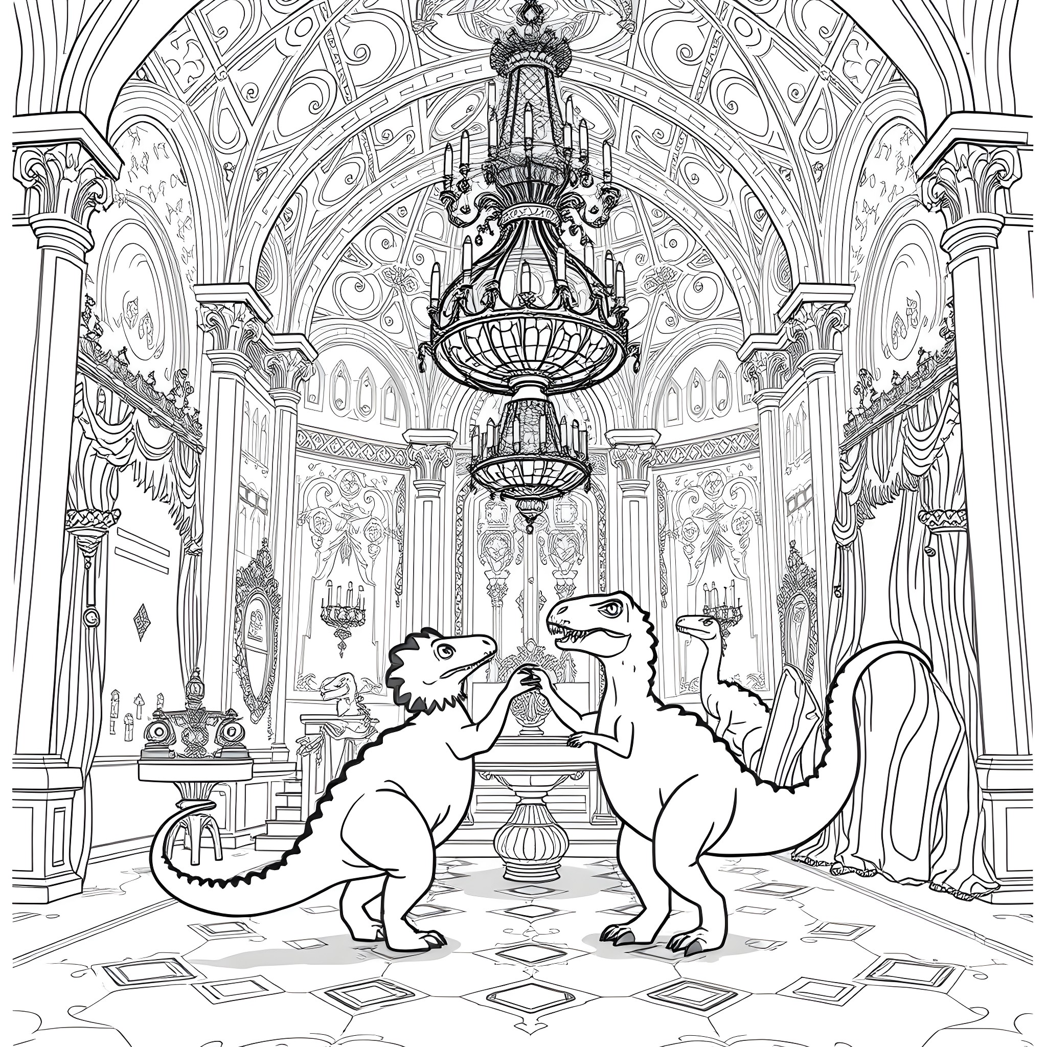 Dinosaurs in a grand palace hall Coloring Page (free black-and-white line drawing printable PDF for all, from beginners to advanced learners, including children, teens, adults, and seniors)