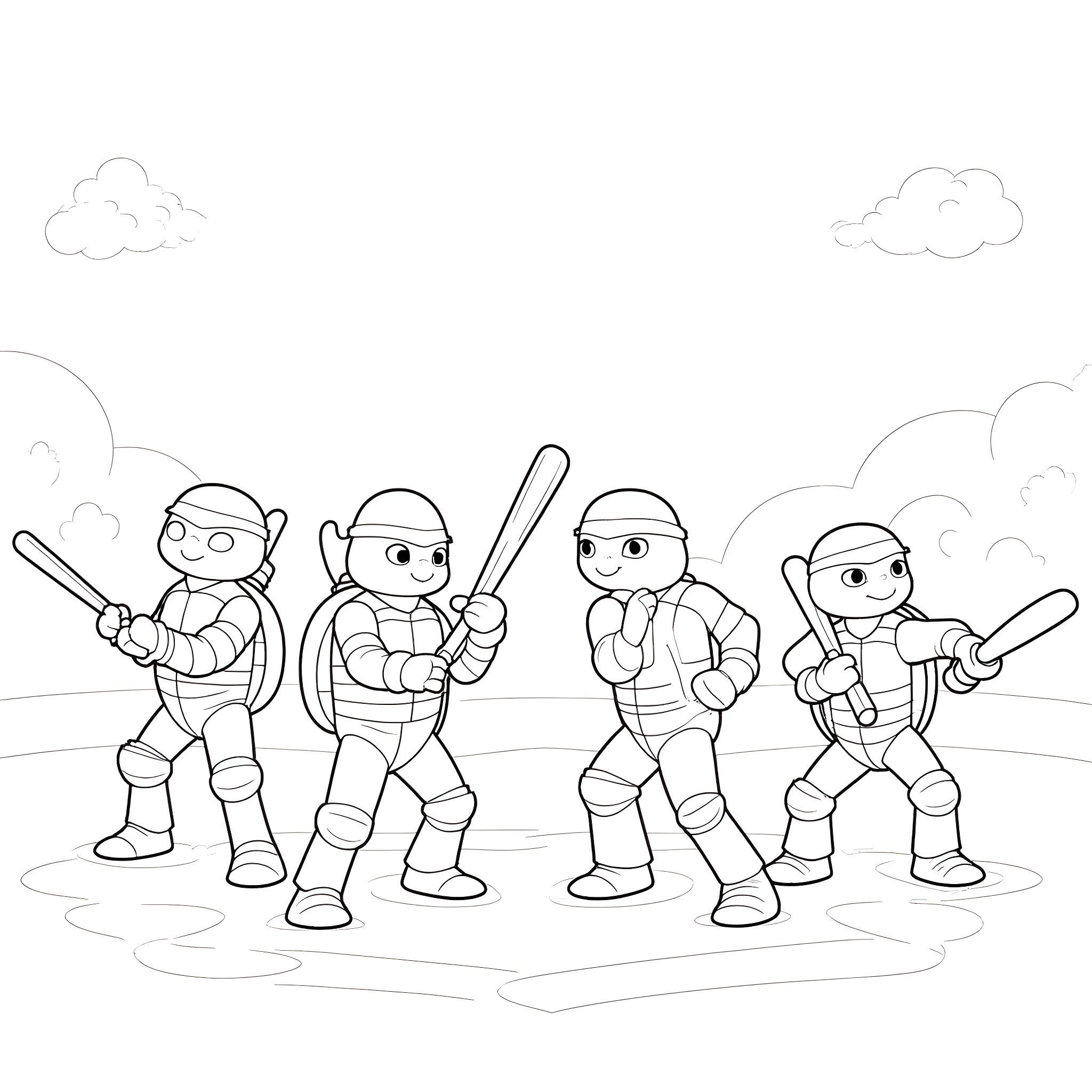 Ninja Turtles playing baseball on the field Coloring Page (free black-and-white line drawing printable PDF for all, from beginners to advanced learners, including children, teens, adults, and seniors)