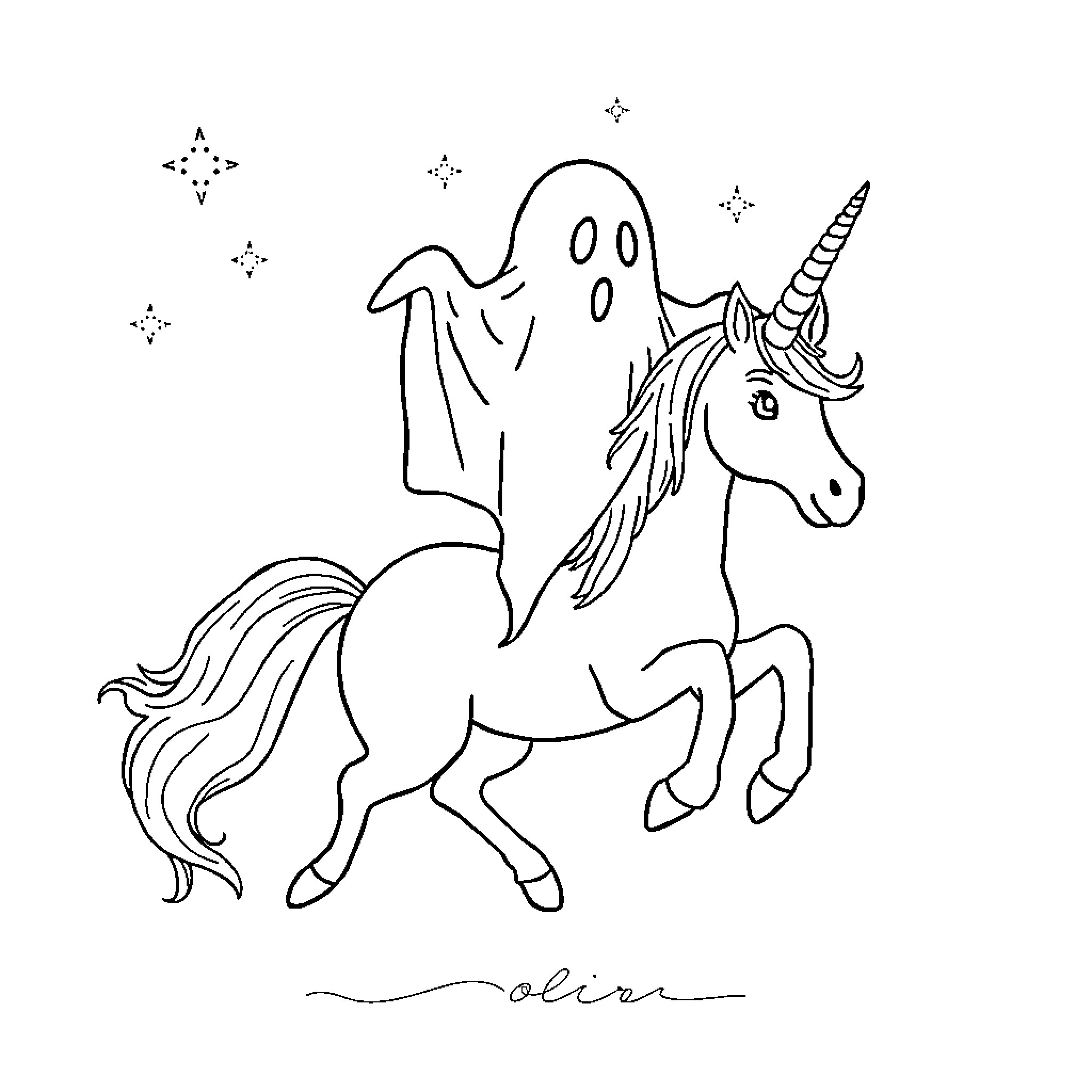 Ghost riding a magical unicorn in the night sky Coloring Page (free black-and-white line drawing printable PDF for all, from beginners to advanced learners, including children, teens, adults, and seniors)