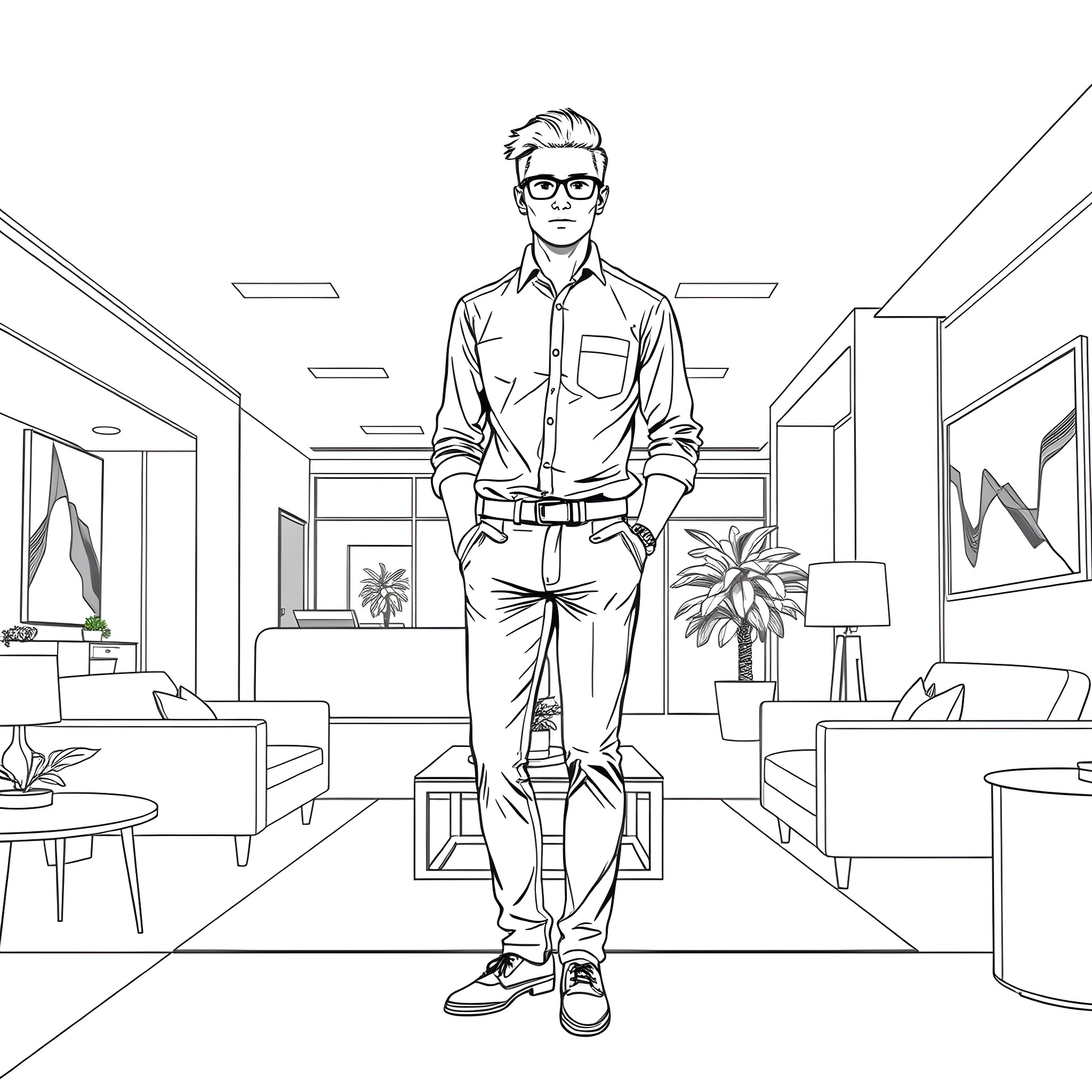 Man standing confidently in modern office Coloring Page (free black-and-white line drawing printable PDF for all, from beginners to advanced learners, including children, teens, adults, and seniors)
