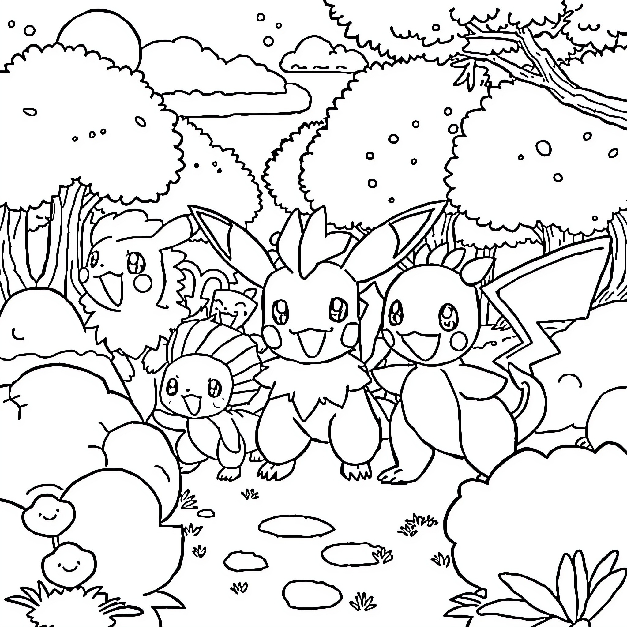 Pokémon playing joyfully in a natural landscape Coloring Page (free black-and-white line drawing printable PDF for all, from beginners to advanced learners, including children, teens, adults, and seniors)